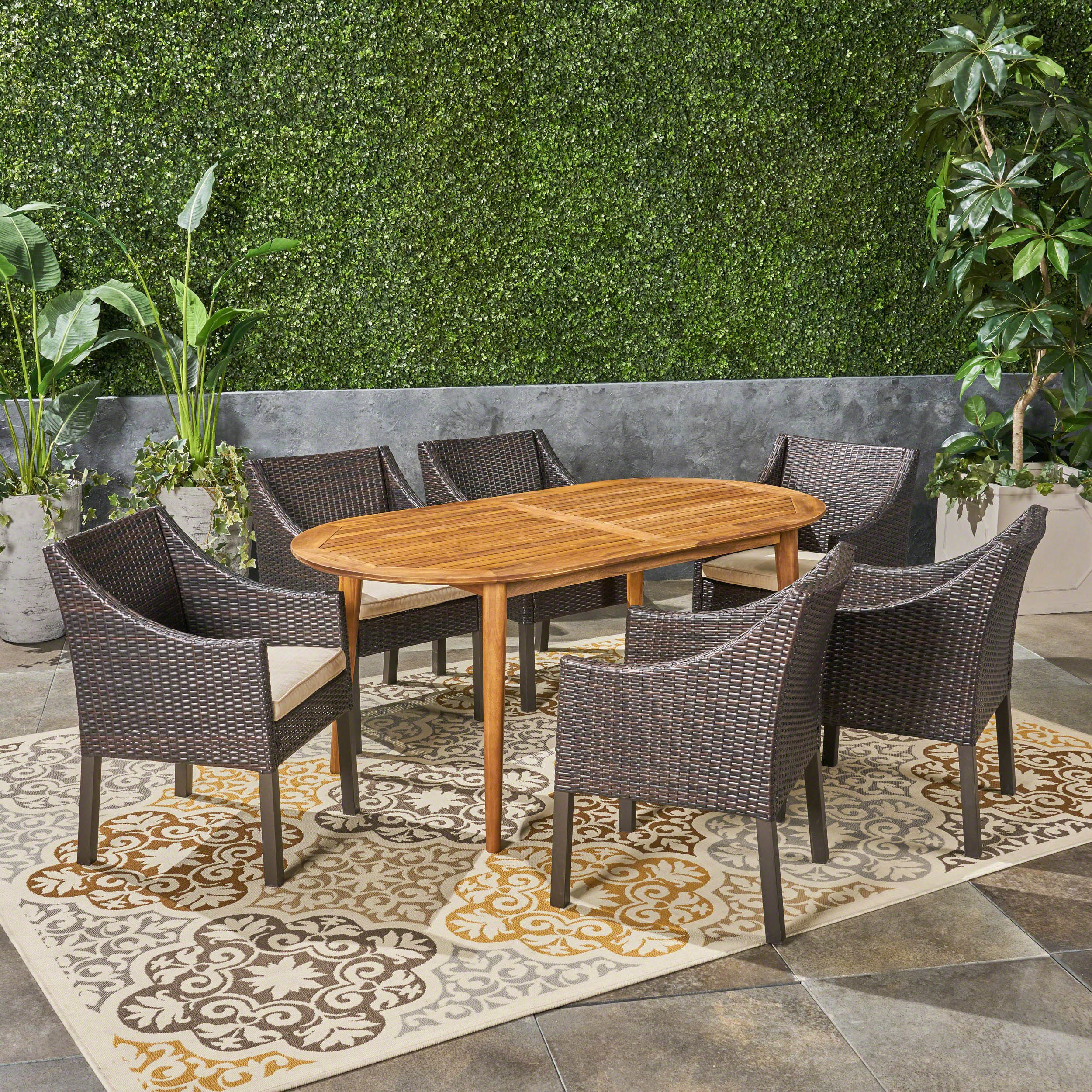 Stanford Outdoor 7-Piece Acacia Wood Dining Set with Wicker Chairs - furnishings