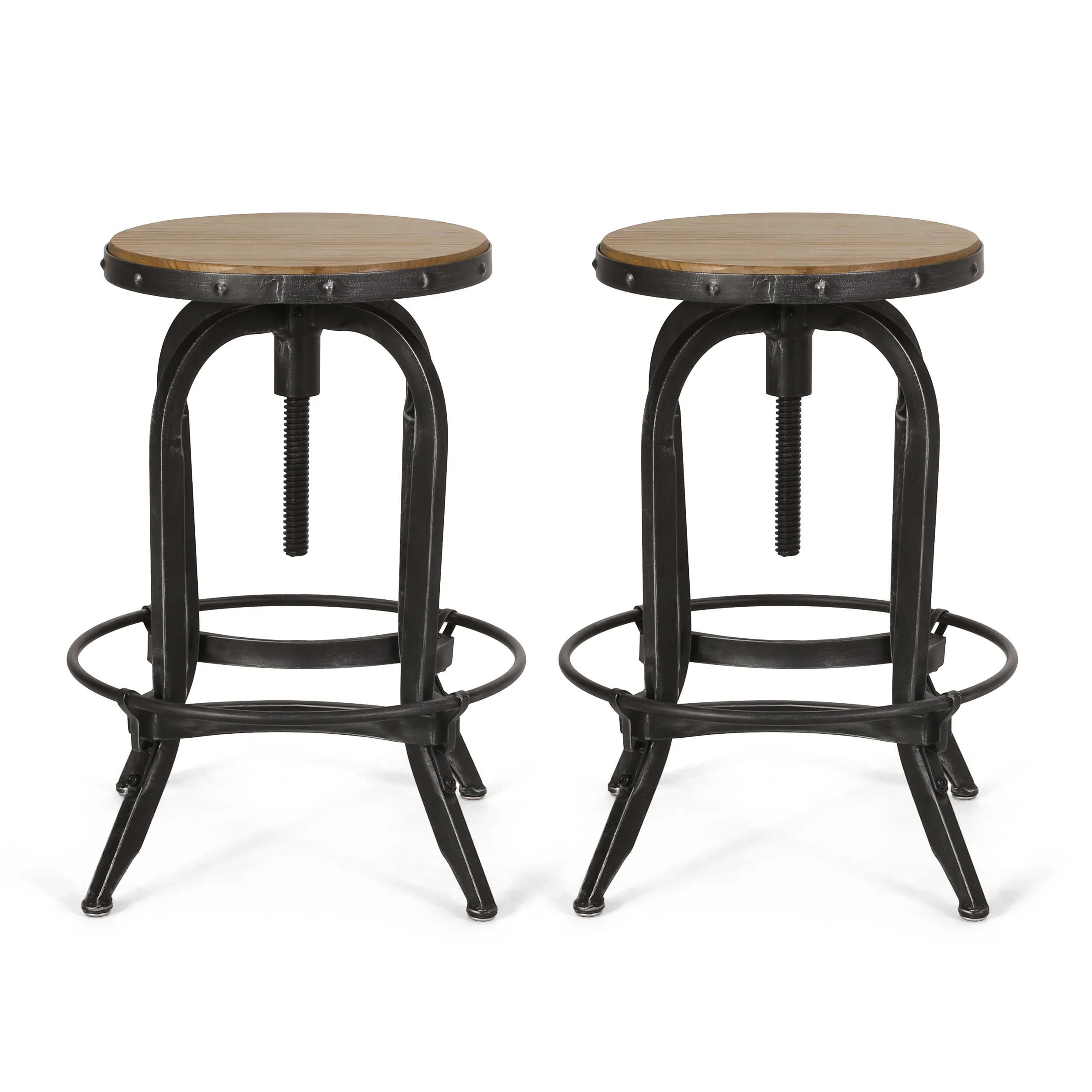 Cedarville Industrial Firwood Adjustable Height Swivel Barstools, Set of 2, Antique Natural and Pewter - furnishings