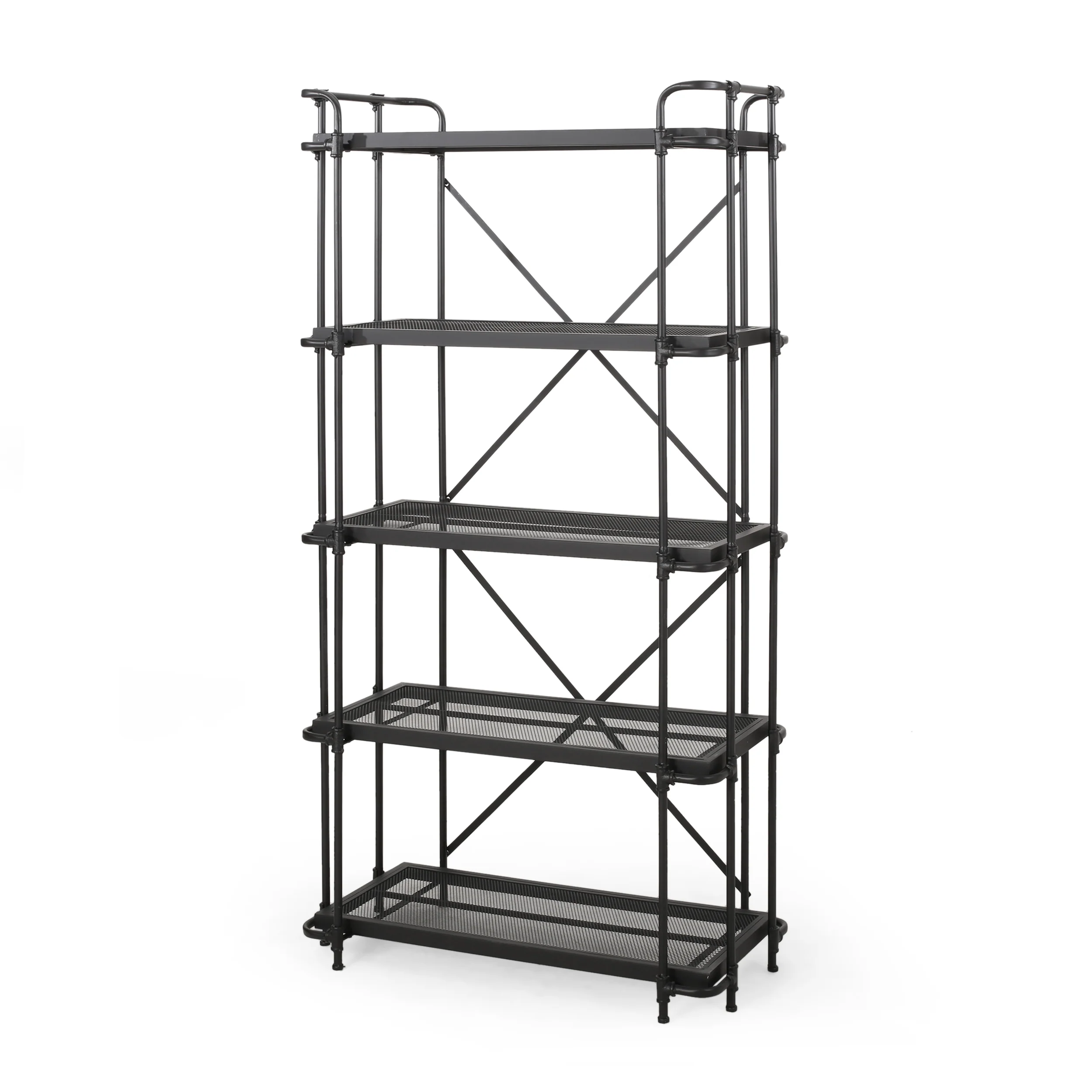 Kayla Indoor/Outdoor Industrial Iron Mesh 5 Shelf Bookcase, Matte Black - furnishings