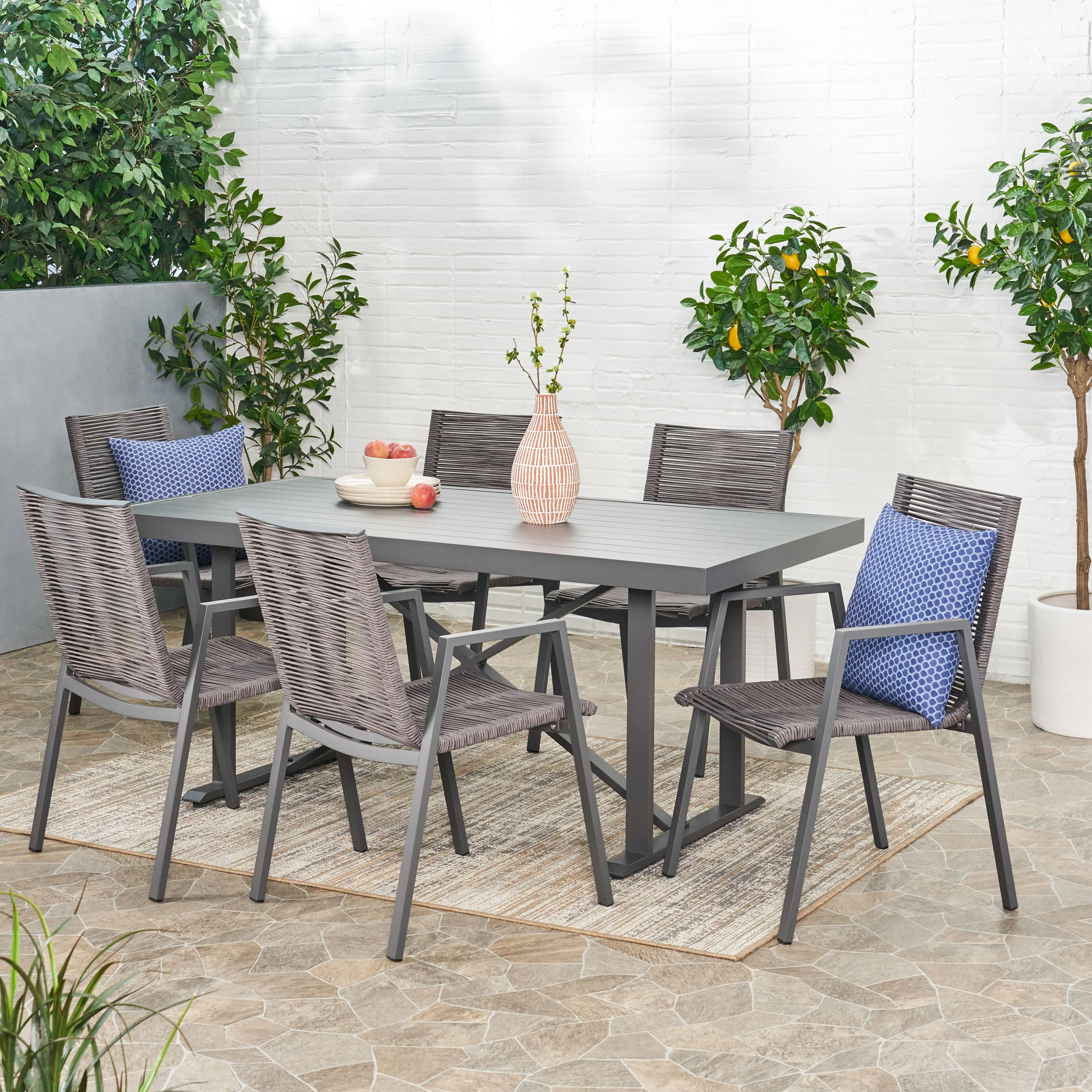 Hines Outdoor Modern Industrial Aluminum 7 Piece Dining Set with Rope Seating - furnishings