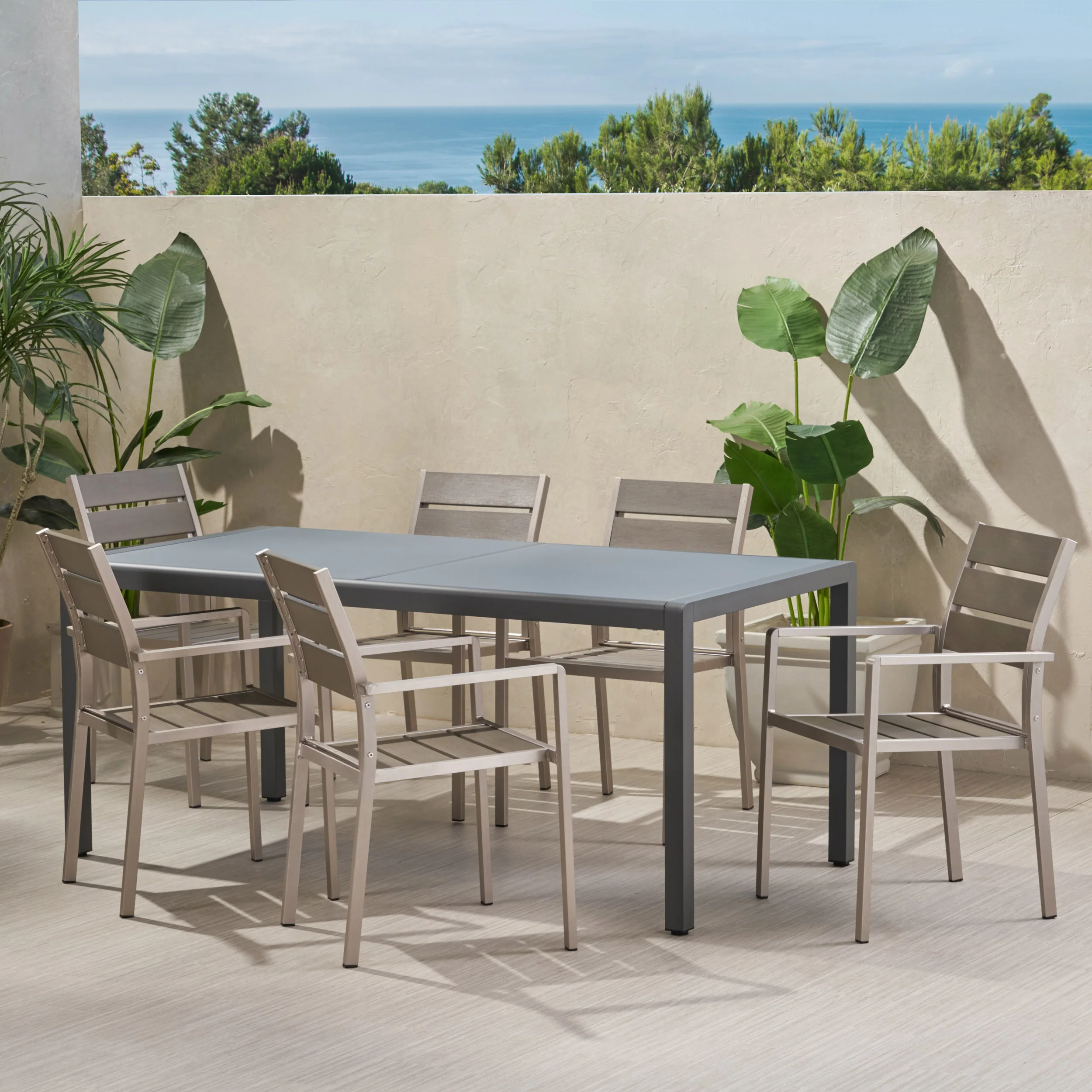 Cherie Outdoor Modern 6 Seater Aluminum Dining Set with Tempered Glass Table Top - furnishings