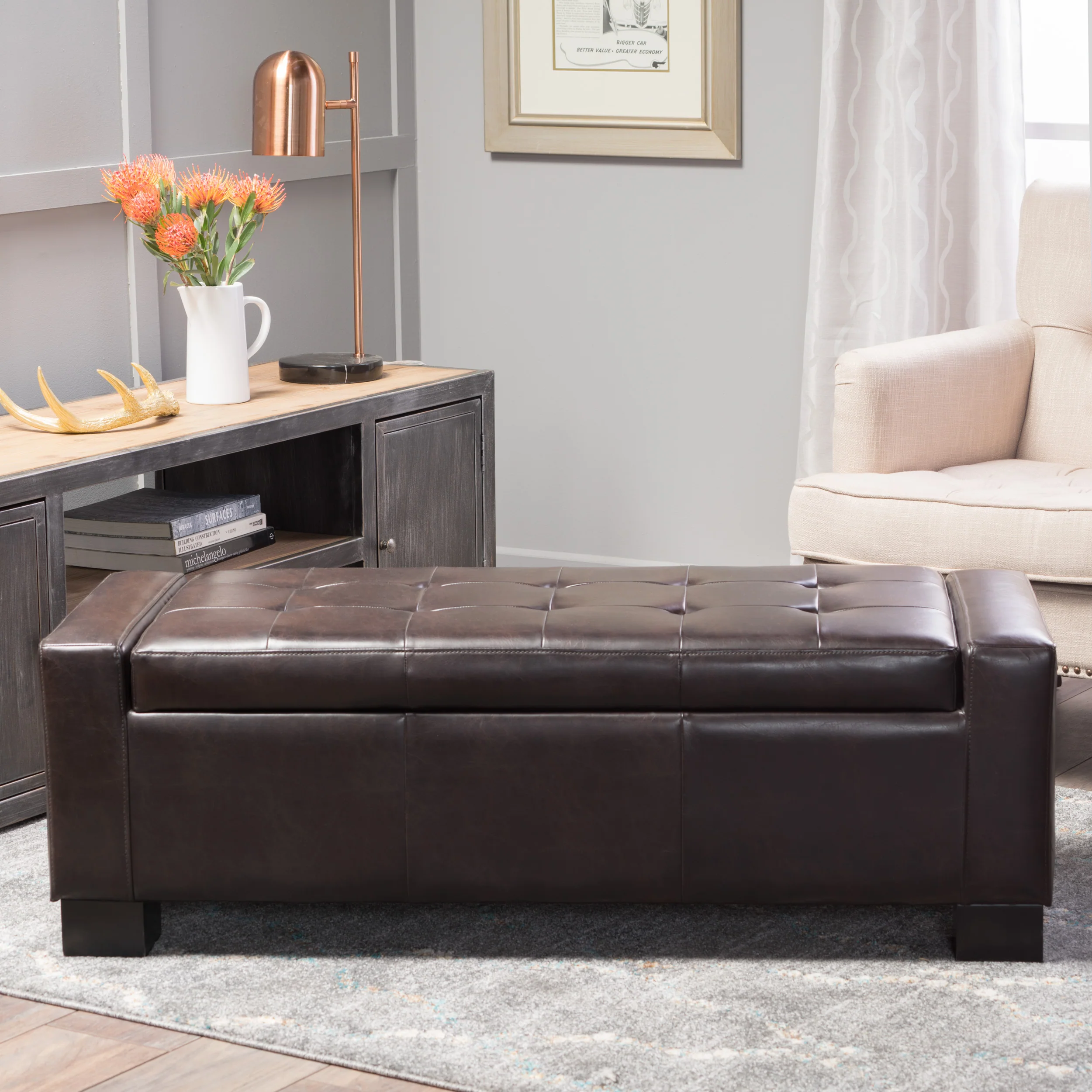 Rothwell Contemporary Tufted Bonded Leather Storage Ottoman Bench - furnishings
