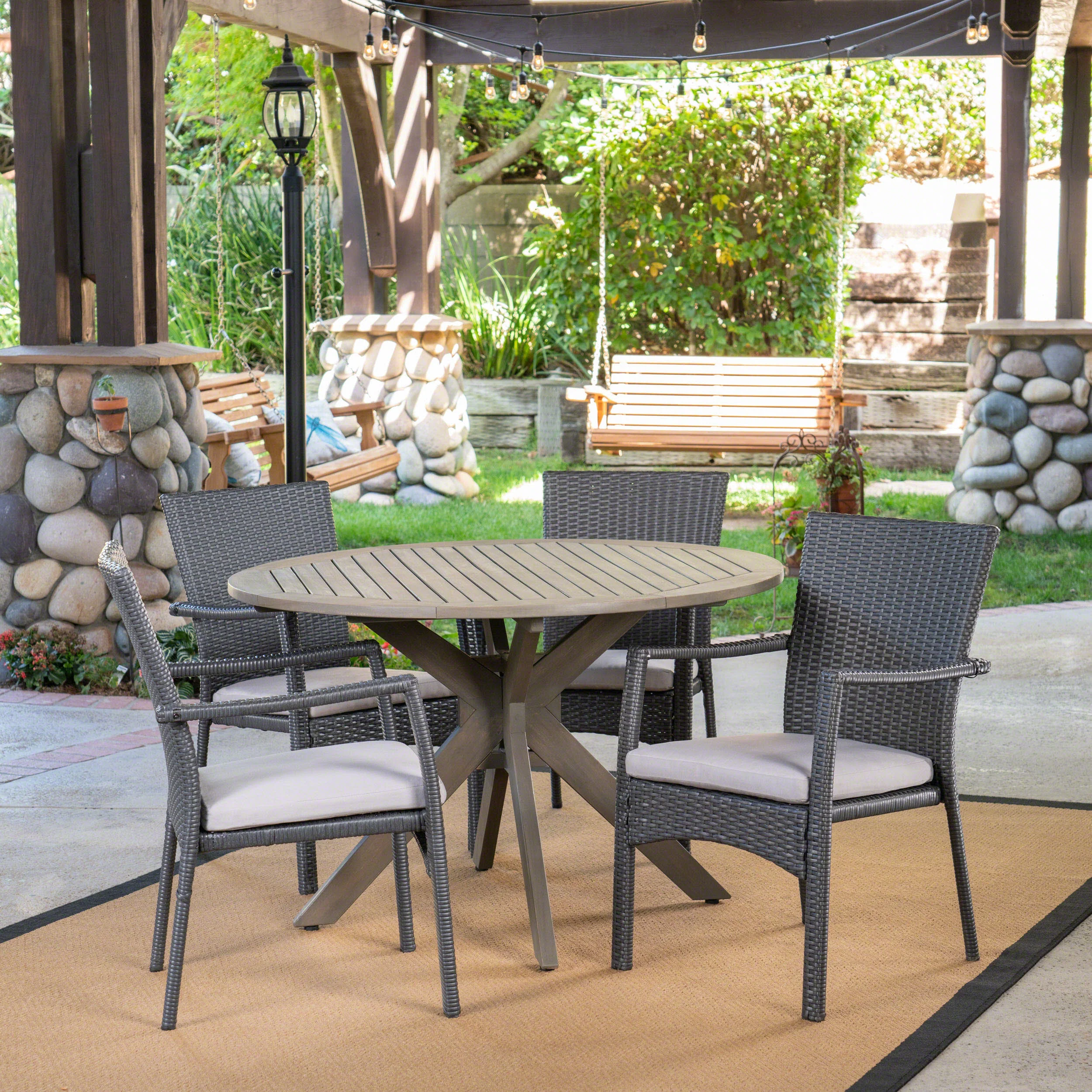 Layna Outdoor 5 Piece Wood and Wicker Dining Set, Gray and Gray - furnishings