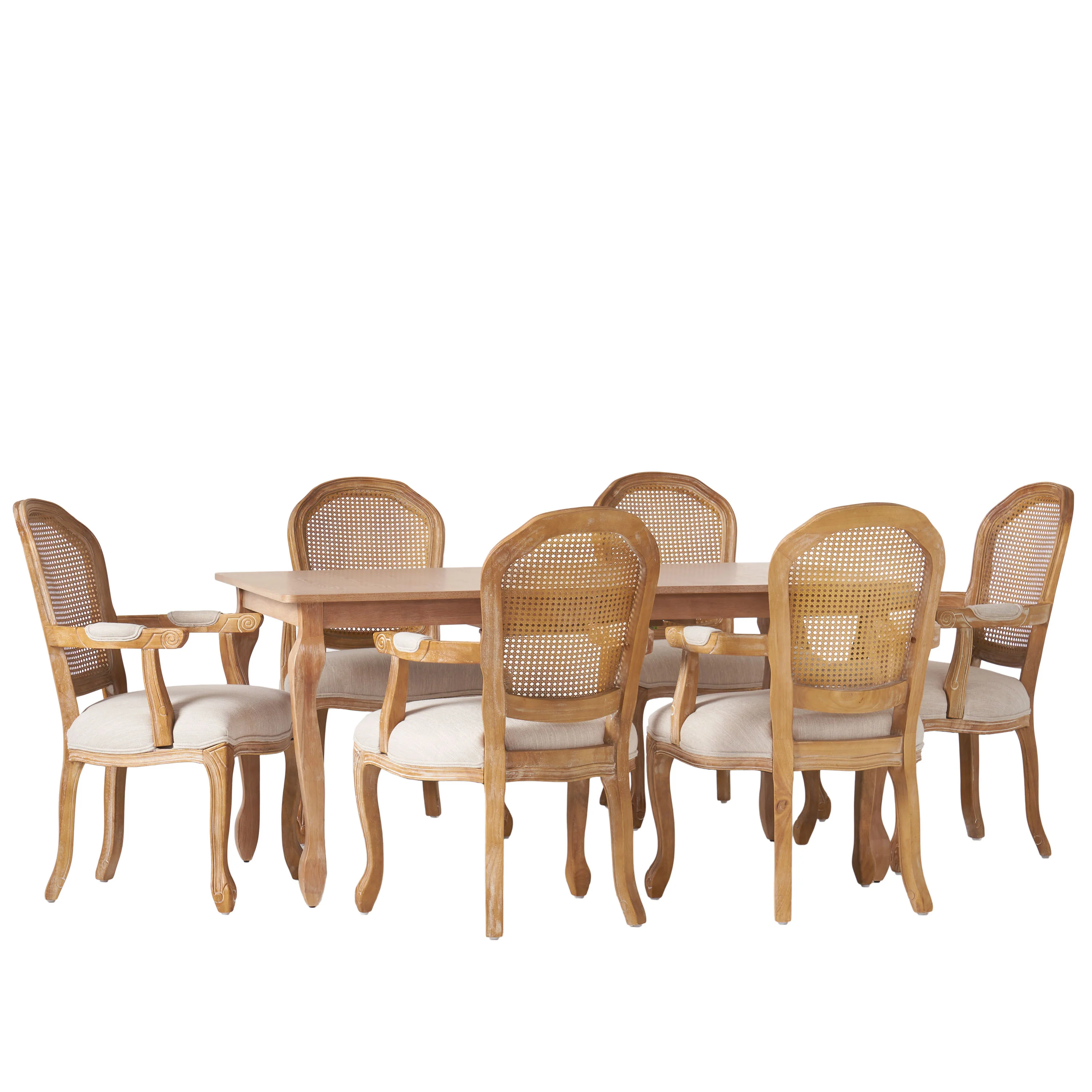 Fescue French Country Fabric Upholstered Wood and Cane Expandable 7 Piece Dining Set - furnishings