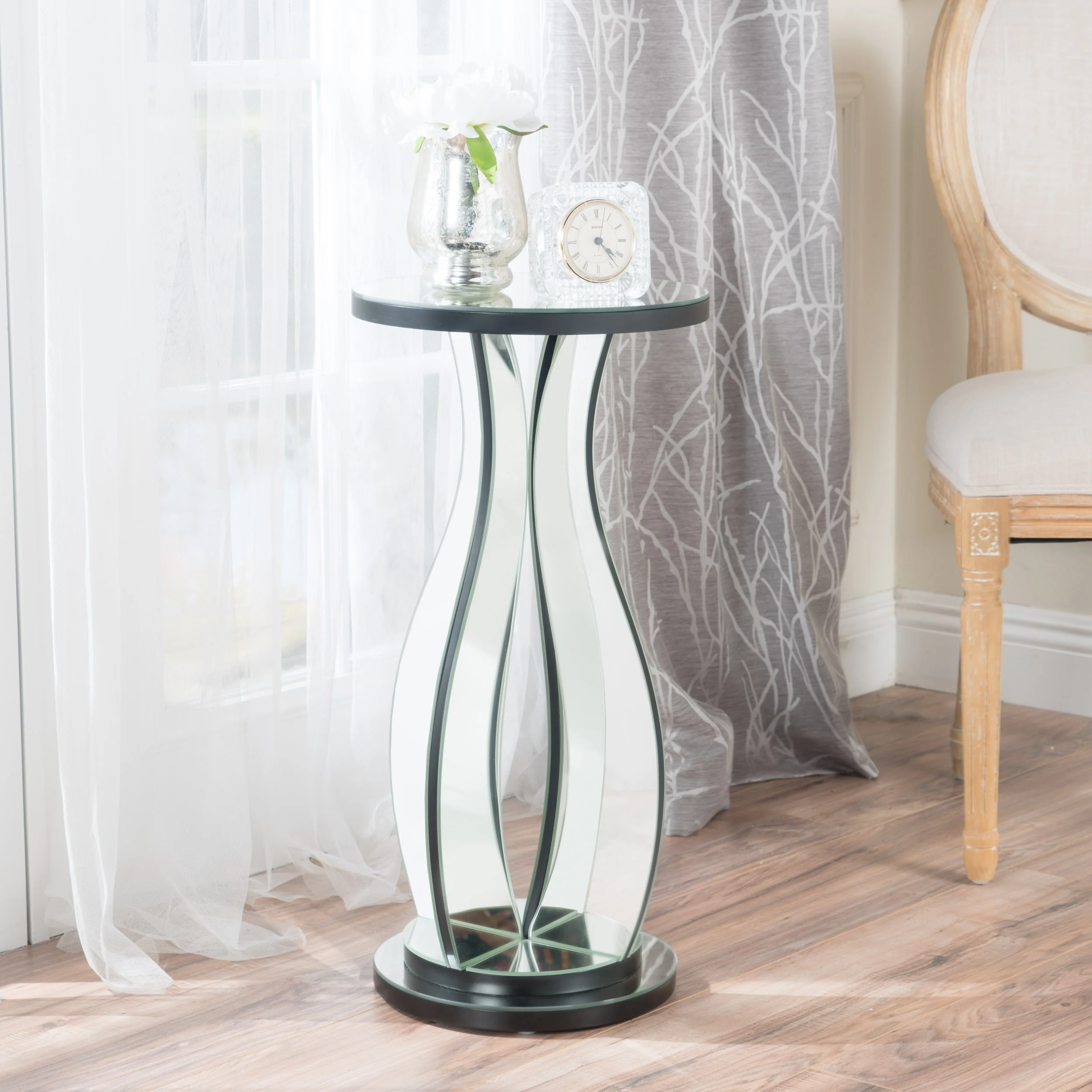 Tyne Modern Glam Curvy Mirror Accent Table with Circular Tabletop - furnishings