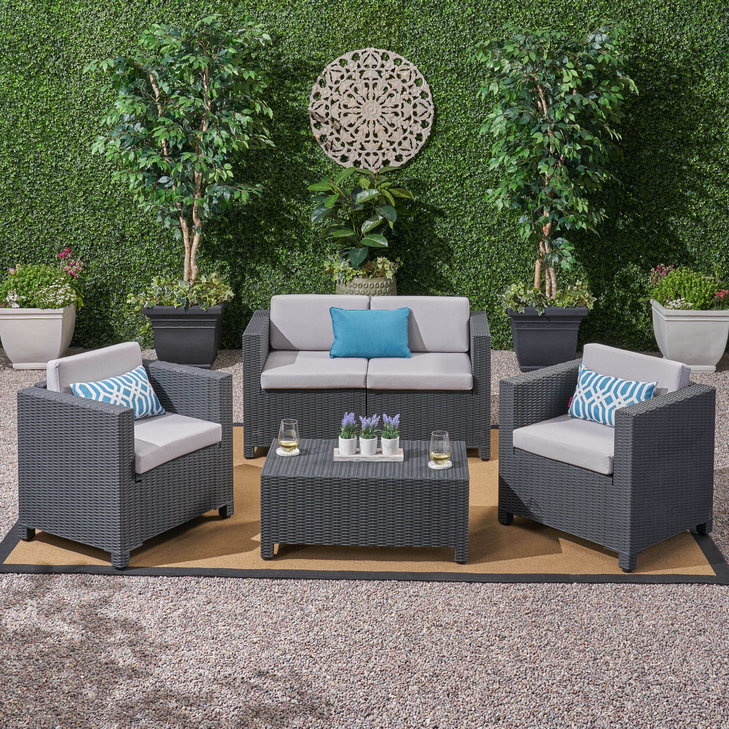 Riley Outdoor All Weather Faux Wicker 4 Seater Chat Set with Cushions - furnishings
