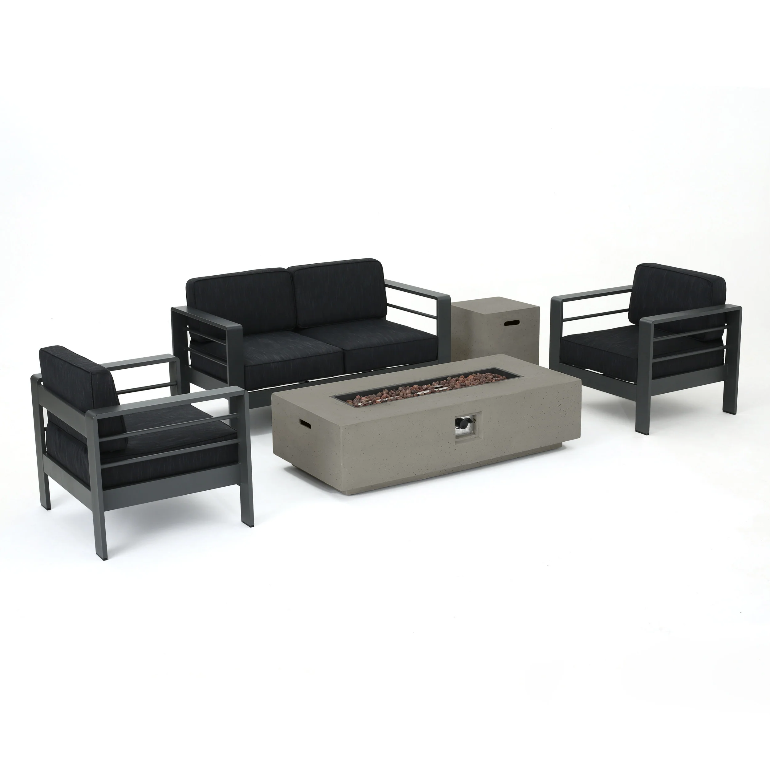 Crested Bay 5pc Modern Outdoor Aluminum Sofa & Chairs Set With Fire Pit - furnishings