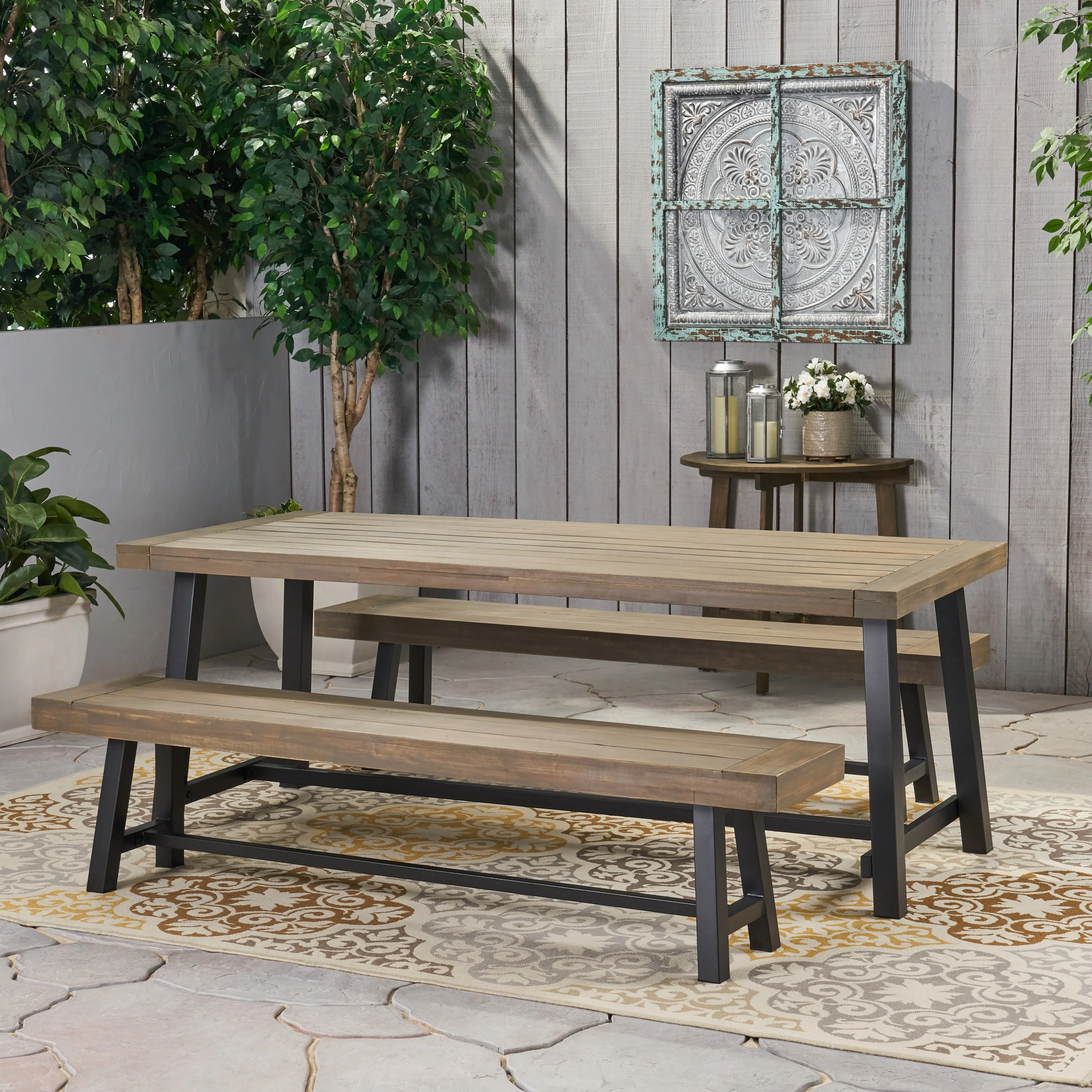 Bowman Farmhouse Outdoor Acacia Wood Picnic Dining Set - furnishings