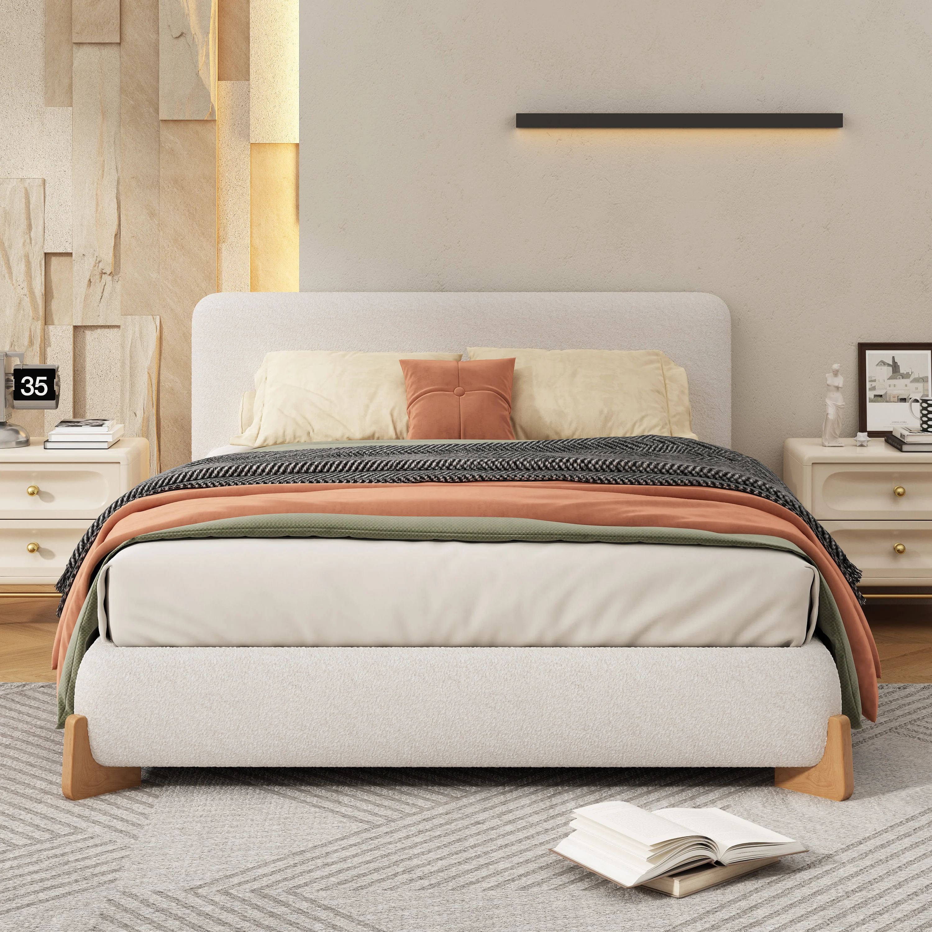 Eryndor Modern Upholstered Boucle Platform Bed with Headboard, Wood - furnishings