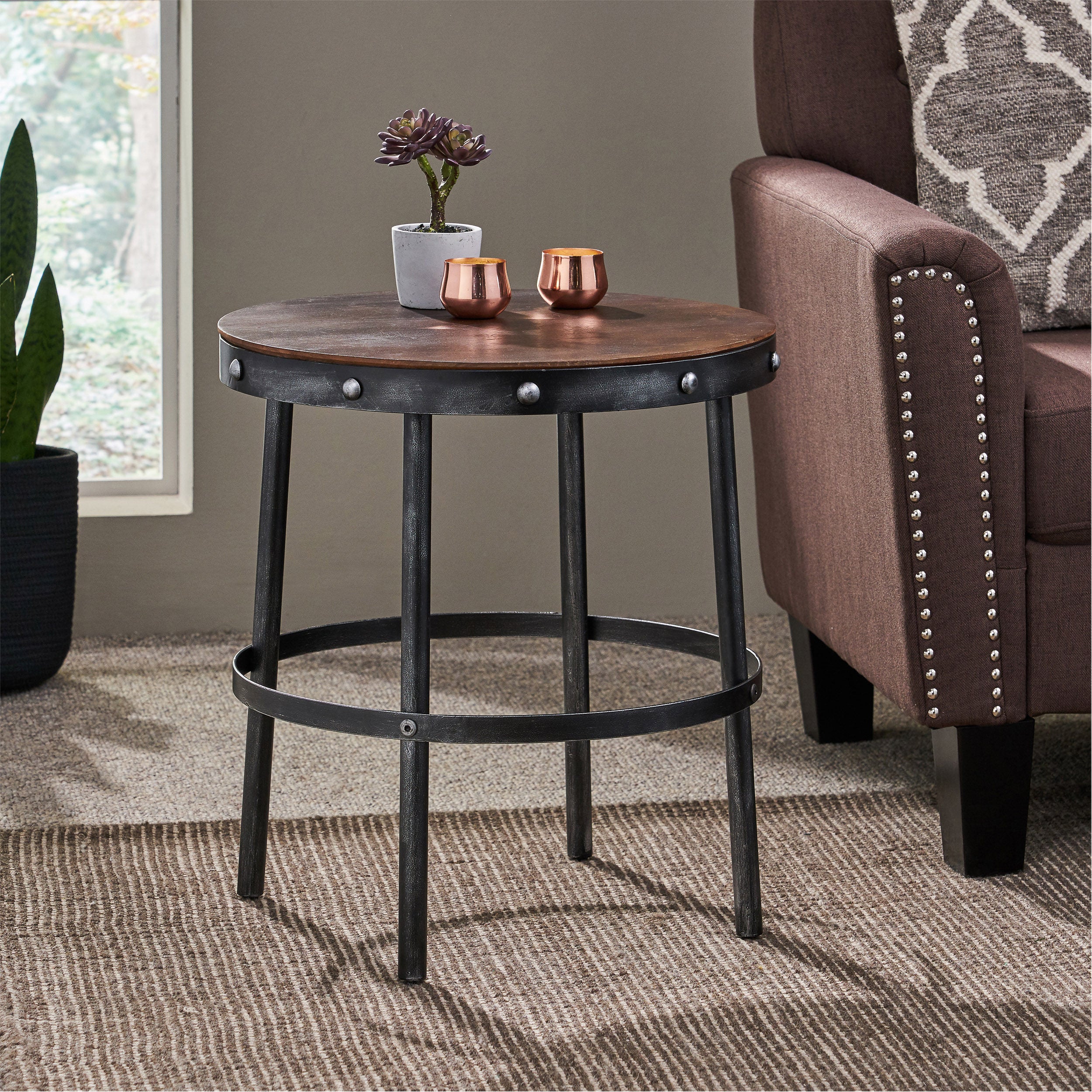 Clopton Modern Industrial Handcrafted Round Mango Wood Side Table, Brown and Antique Gunmetal - furnishings