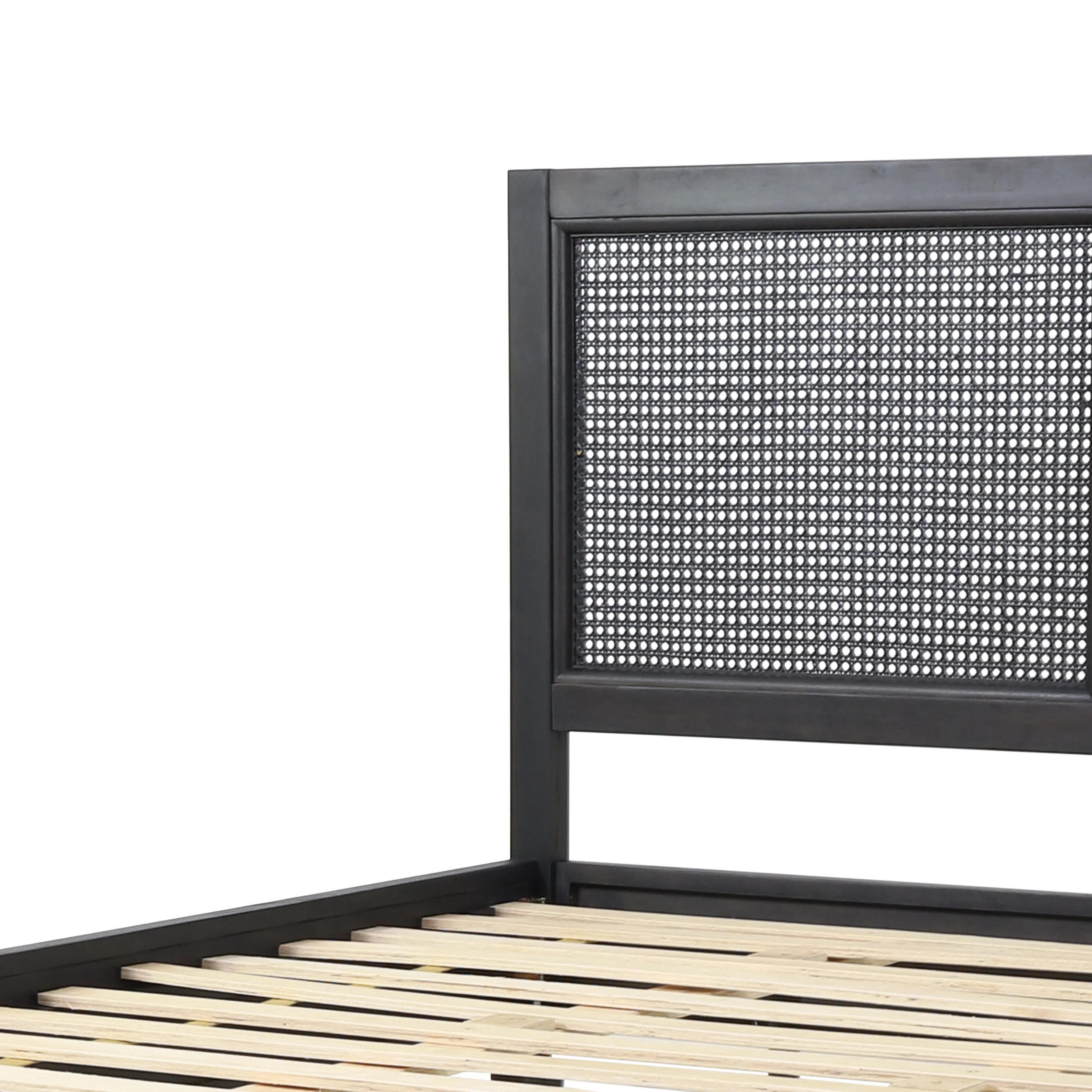 Mathena Rustic Acacia Wood and Rattan Queen Bed, Dark Gray - furnishings
