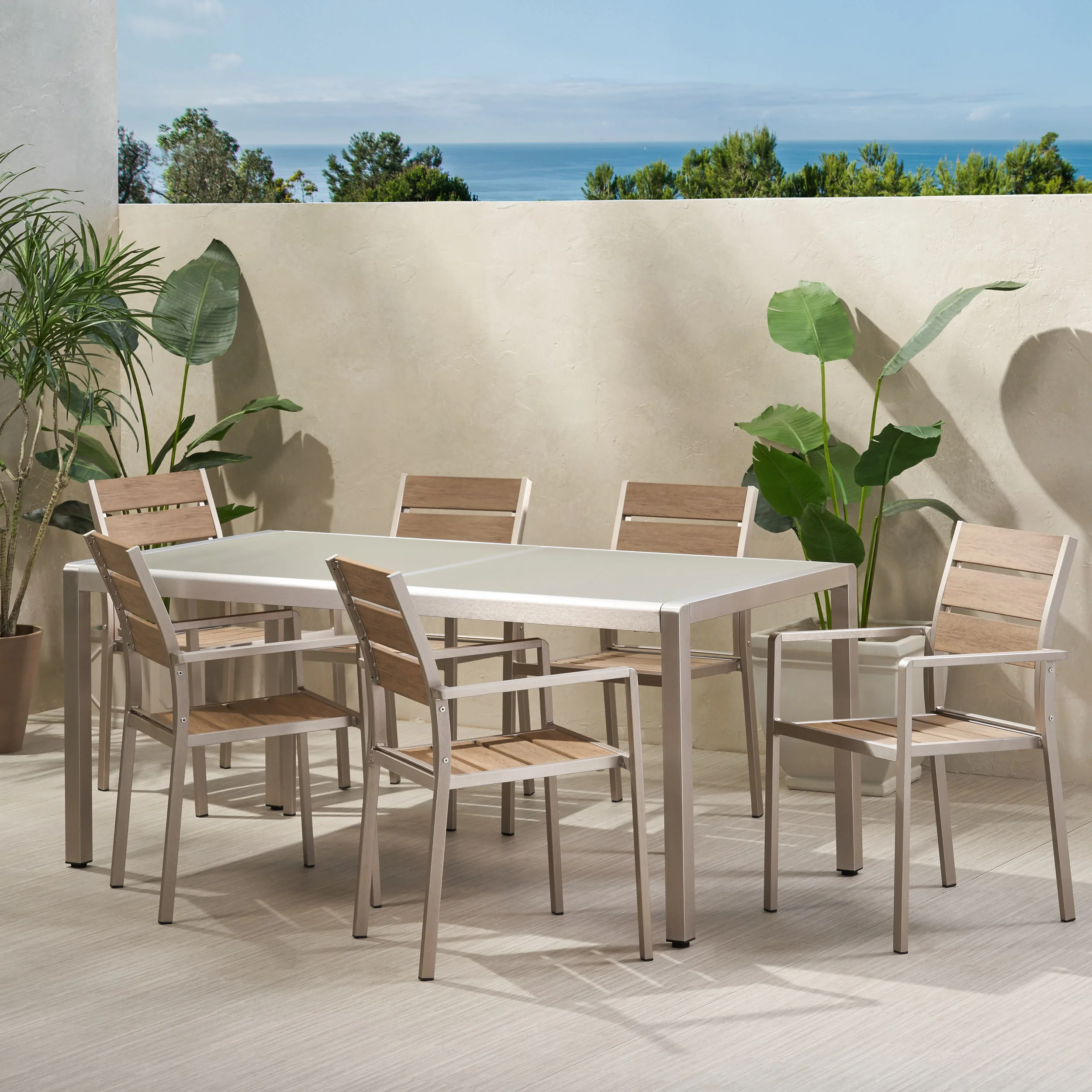 Cherie Outdoor Modern 6 Seater Aluminum Dining Set with Tempered Glass Table Top - furnishings