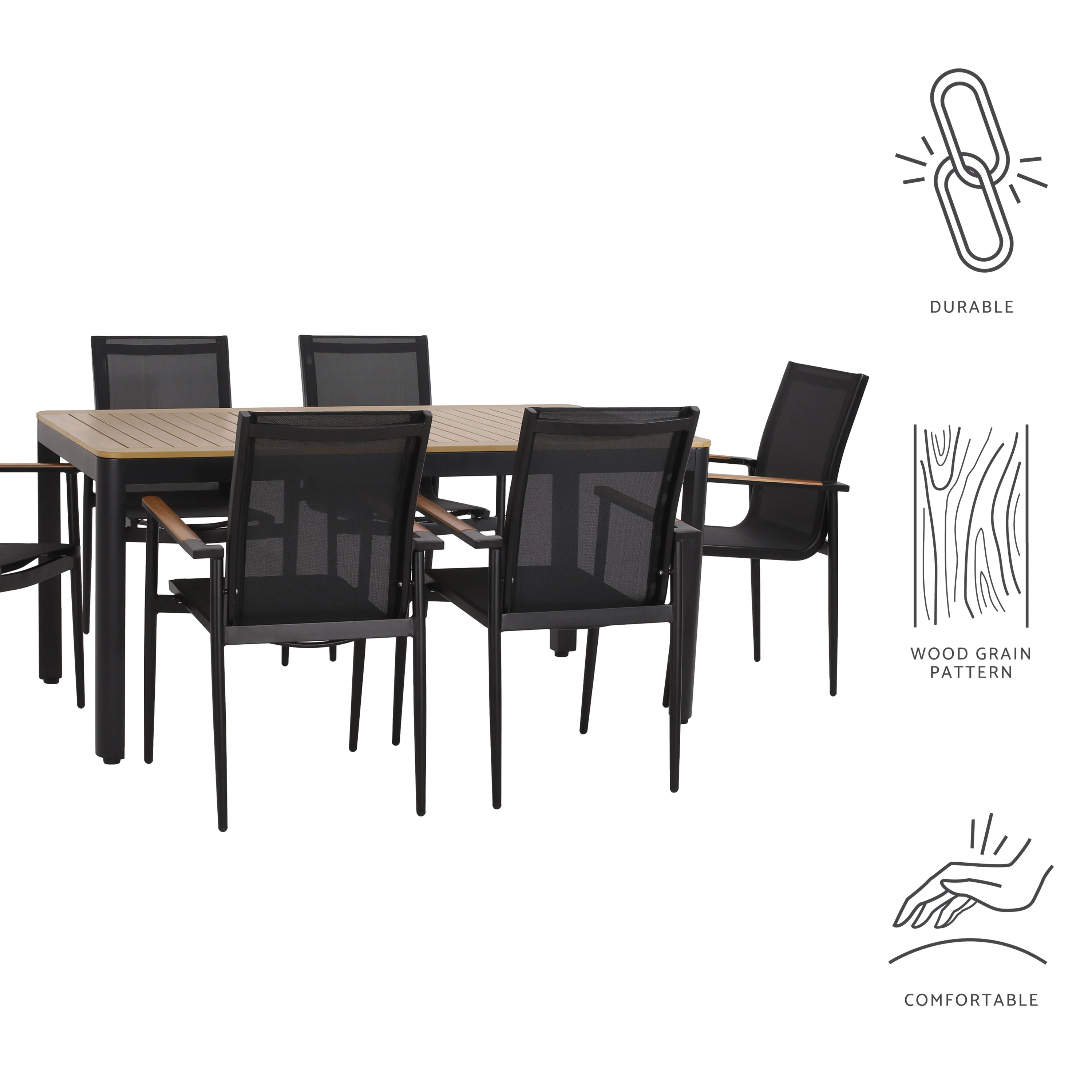 Harlem Outdoor Mesh and Aluminum 7 Piece Dining Set, Black and Natural - furnishings