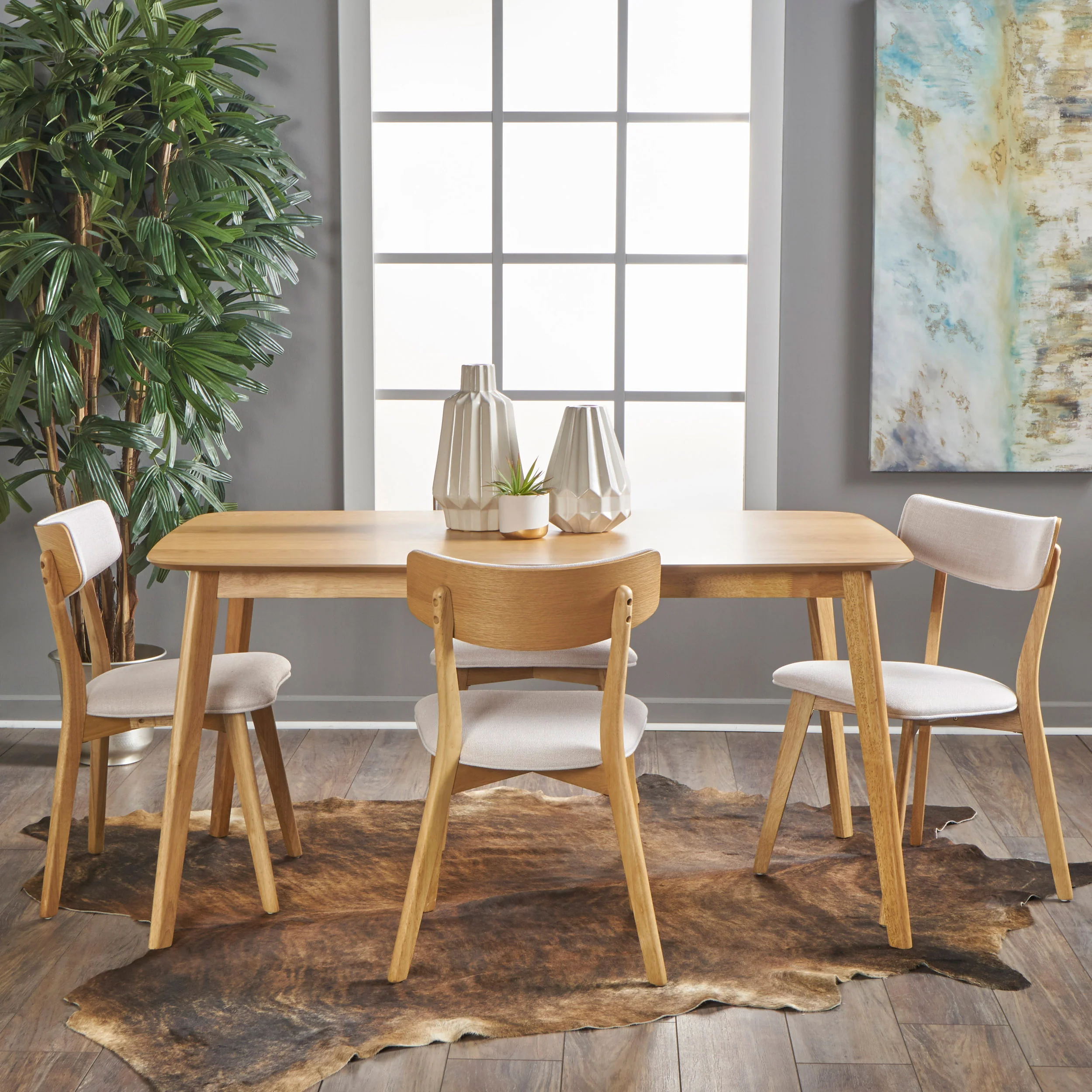 Aman Mid Century Natural Oak Finished 5 PC Dining Set - furnishings