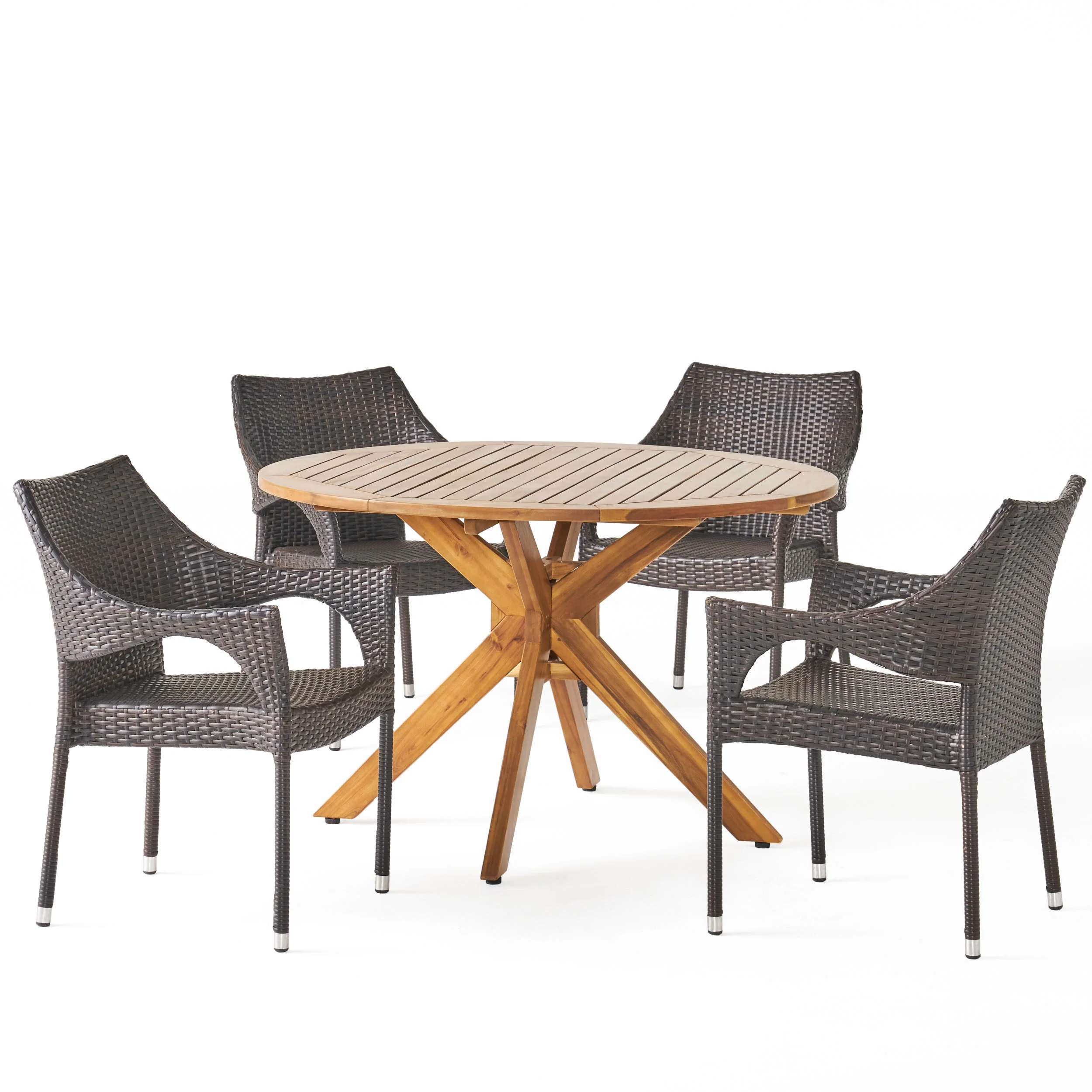 Pirav Outdoor 5 Piece Multibrown Wicker Dining Set with Teak Finish Circular Acacia Wood Dining Table - furnishings