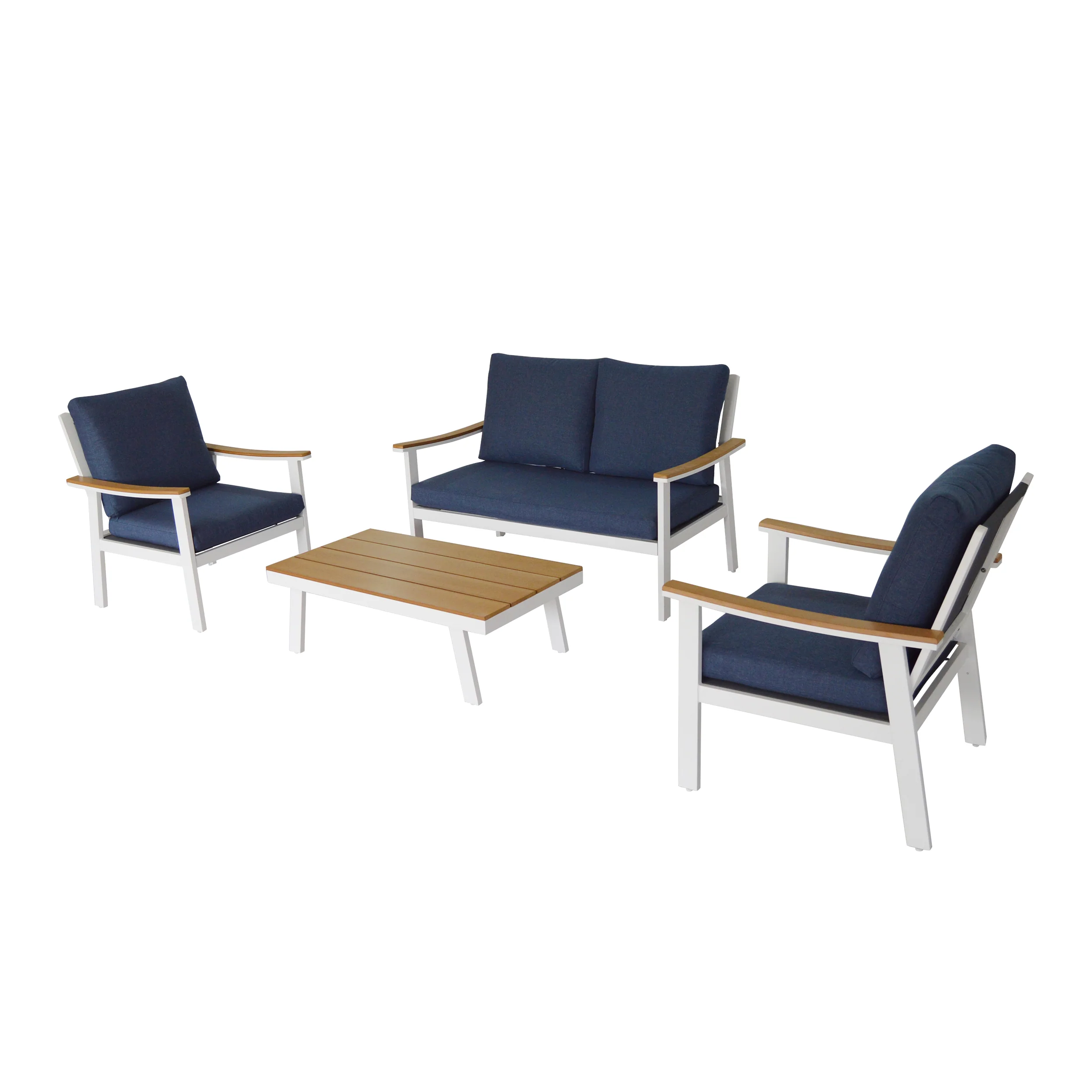 Mathias Outdoor 4 Piece Aluminum and Faux Wood Chat Set with Cushions - furnishings