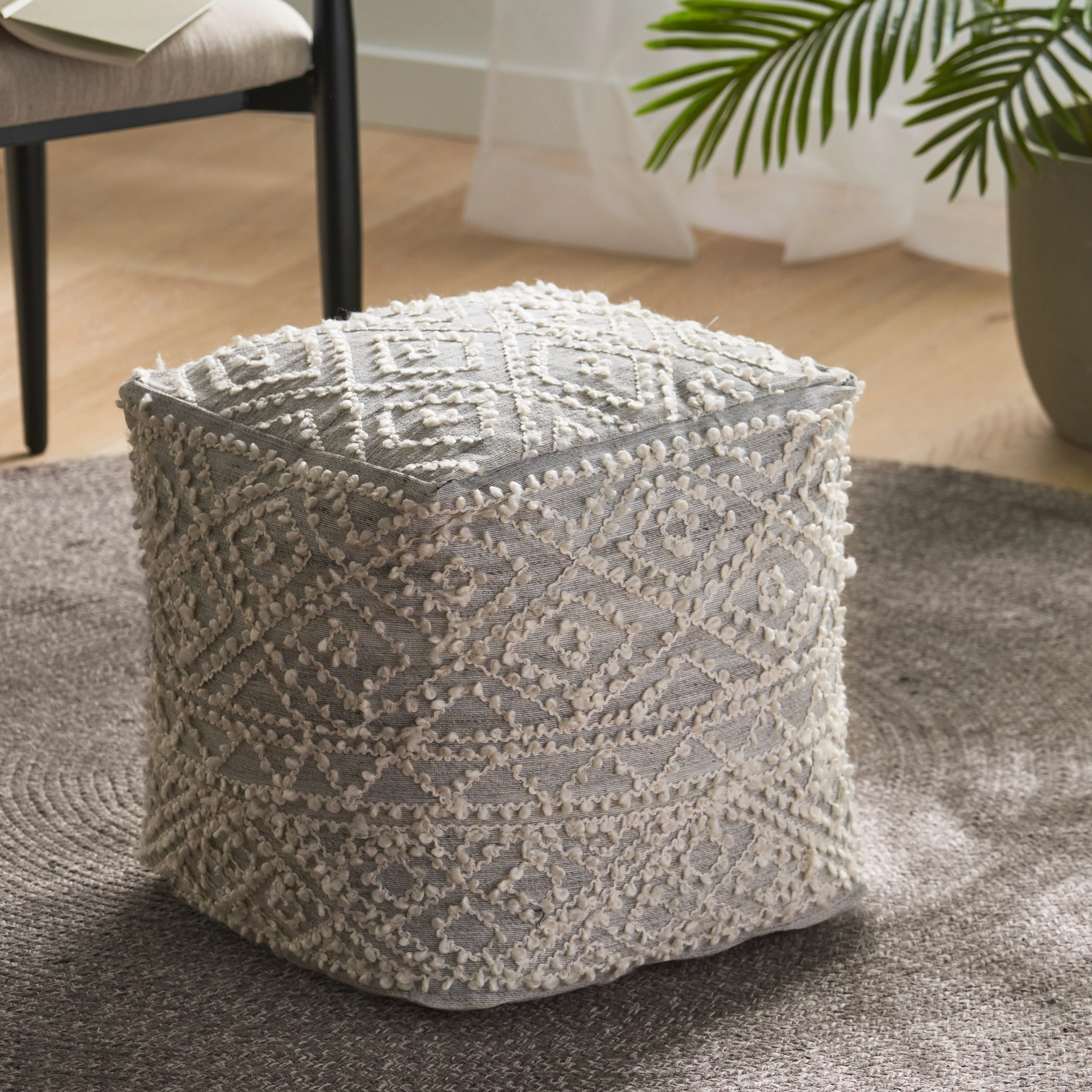 Sylvia Boho Diamond Pattern Wool and Viscose Cube Pouf - furnishings