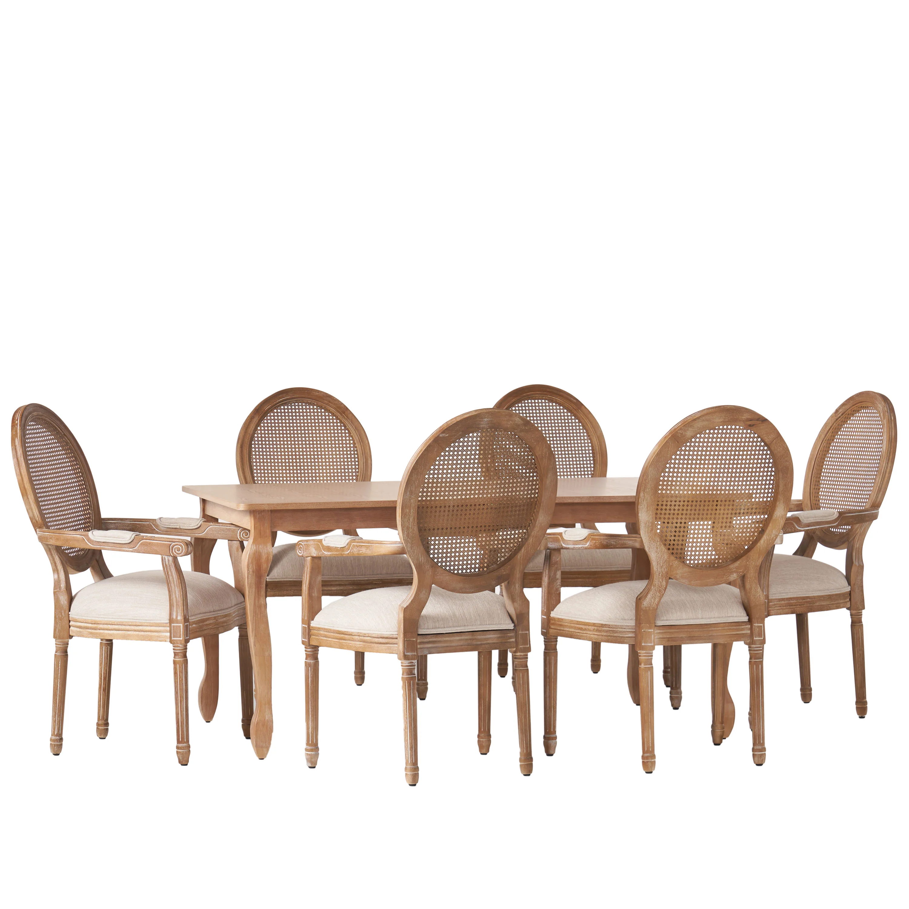 Comisky French Country Fabric Upholstered Wood and Cane Expandable 7 Piece Dining Set - furnishings