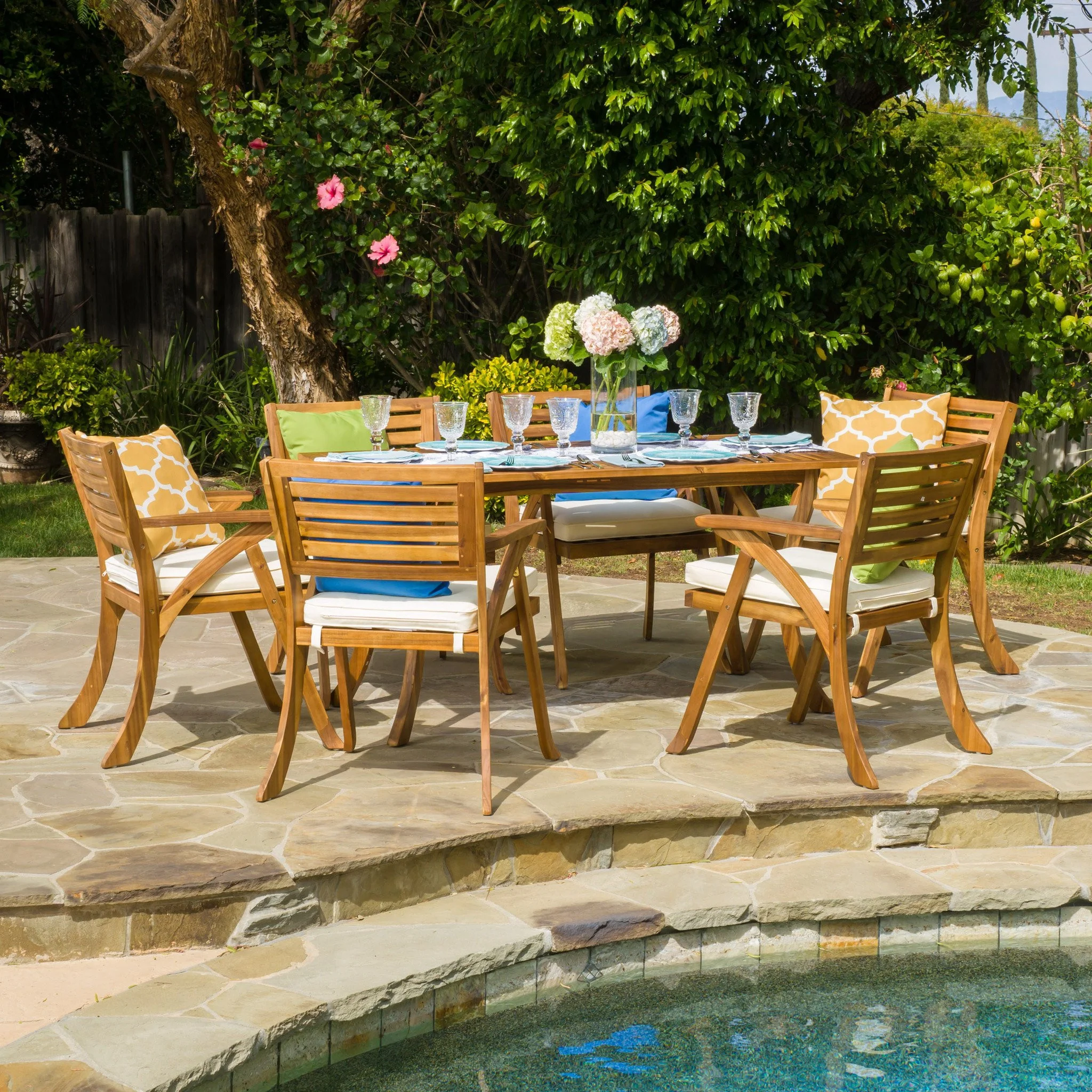 Coastside Outdoor Transitional 7-Piece Teak Acacia Wood Dining Set with Cushions - furnishings