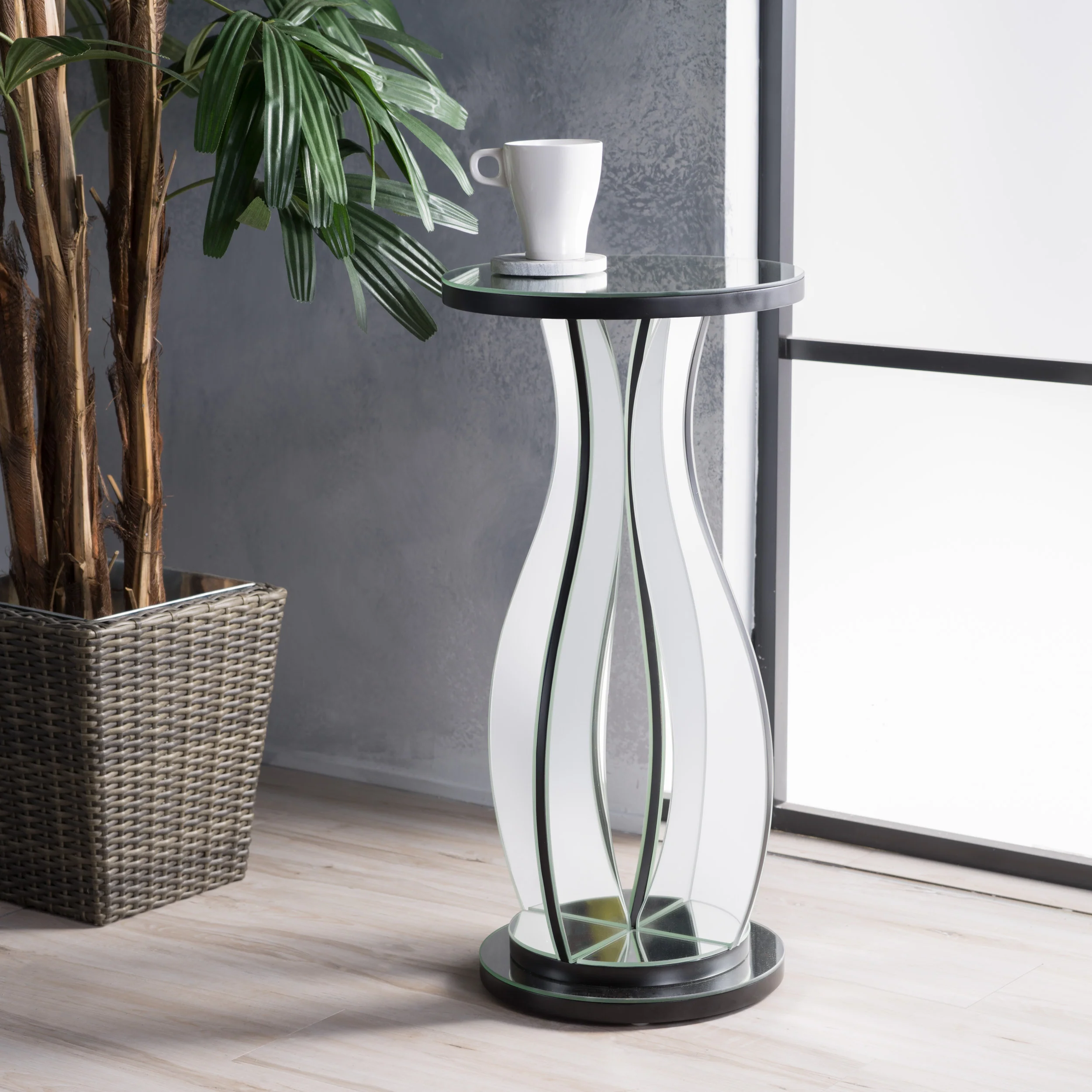 Tyne Modern Glam Curvy Mirror Accent Table with Circular Tabletop - furnishings