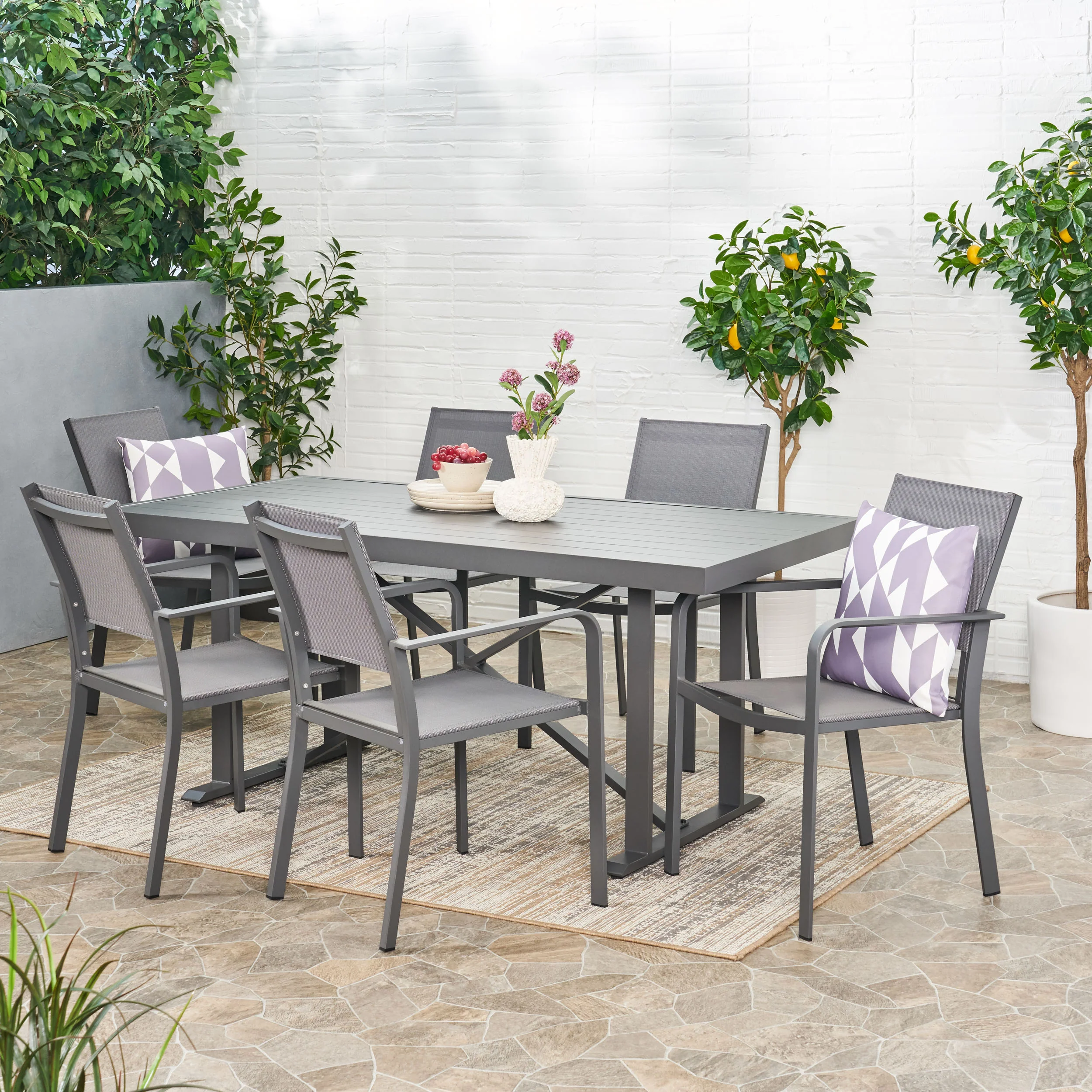 Atkinson Outdoor Modern Industrial Aluminum 7 Piece Dining Set with Mesh Seating - furnishings