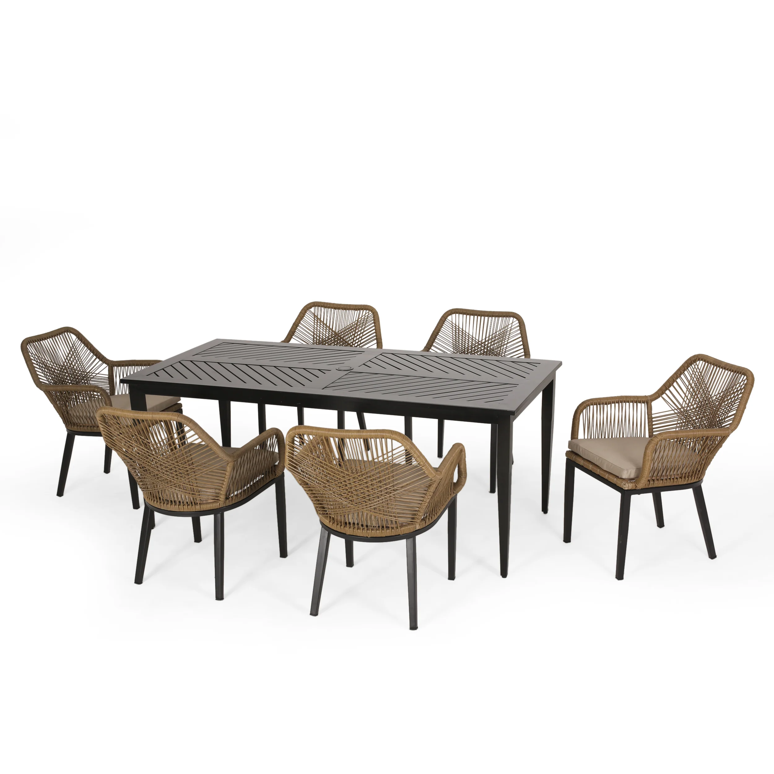 Fromberg Outdoor Wicker 7 Piece Dining Set with Cushion, Matte Black, Light Brown, and Beige - furnishings