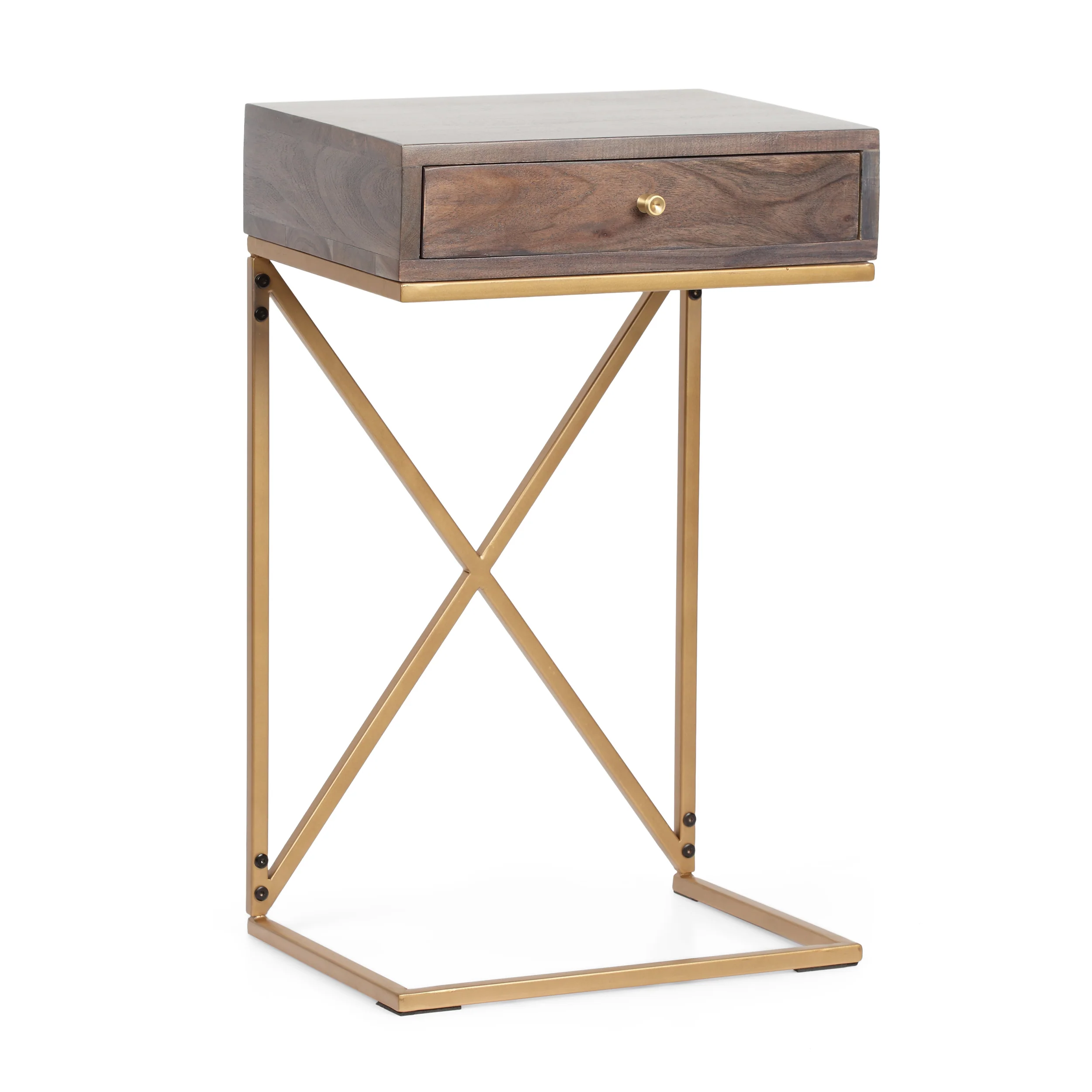 Darke Rustic Glam Handcrafted Acacia Wood C-Shaped Side Table, Dark Brown and Gold - furnishings