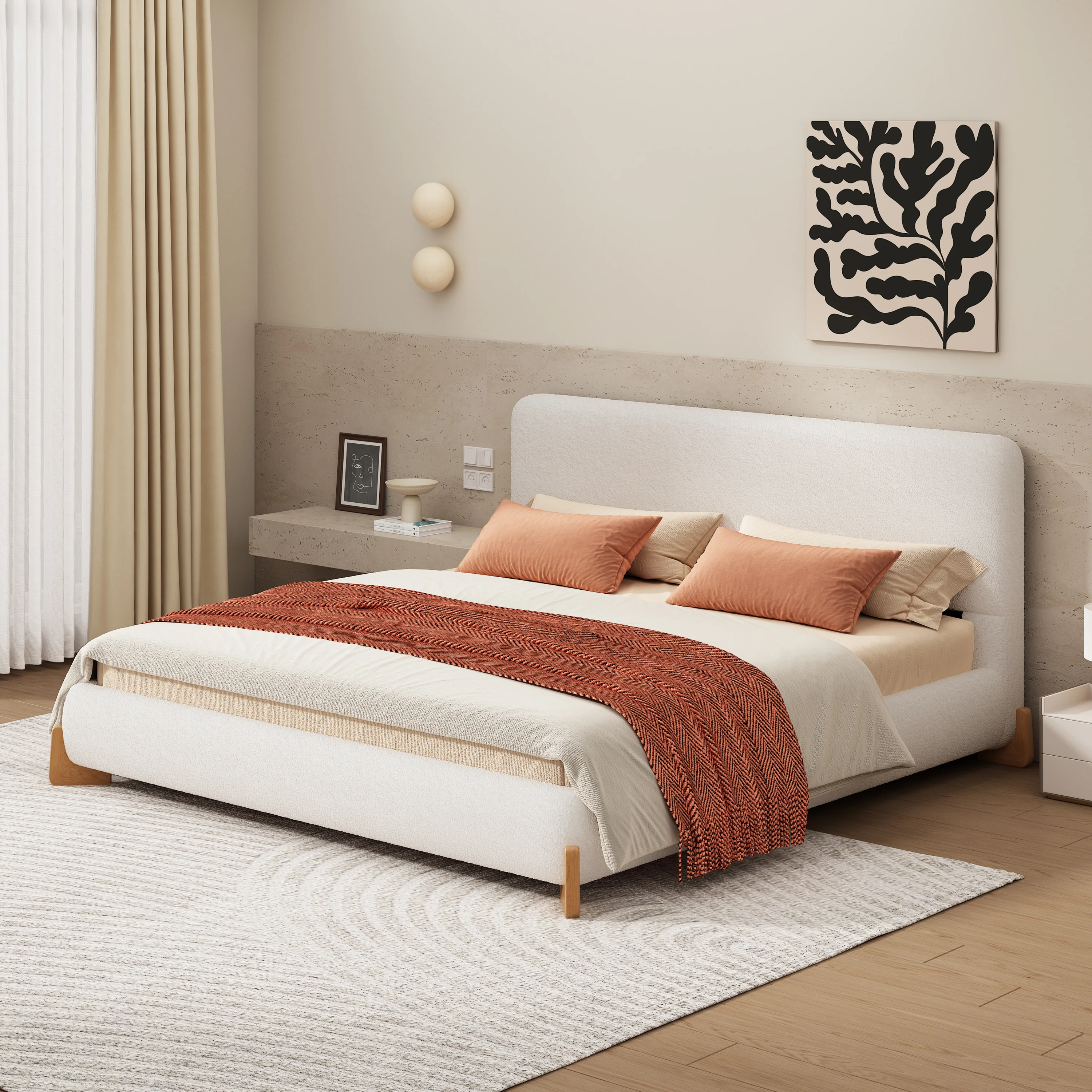 Eryndor Modern Upholstered Boucle Platform Bed with Headboard, Wood - furnishings