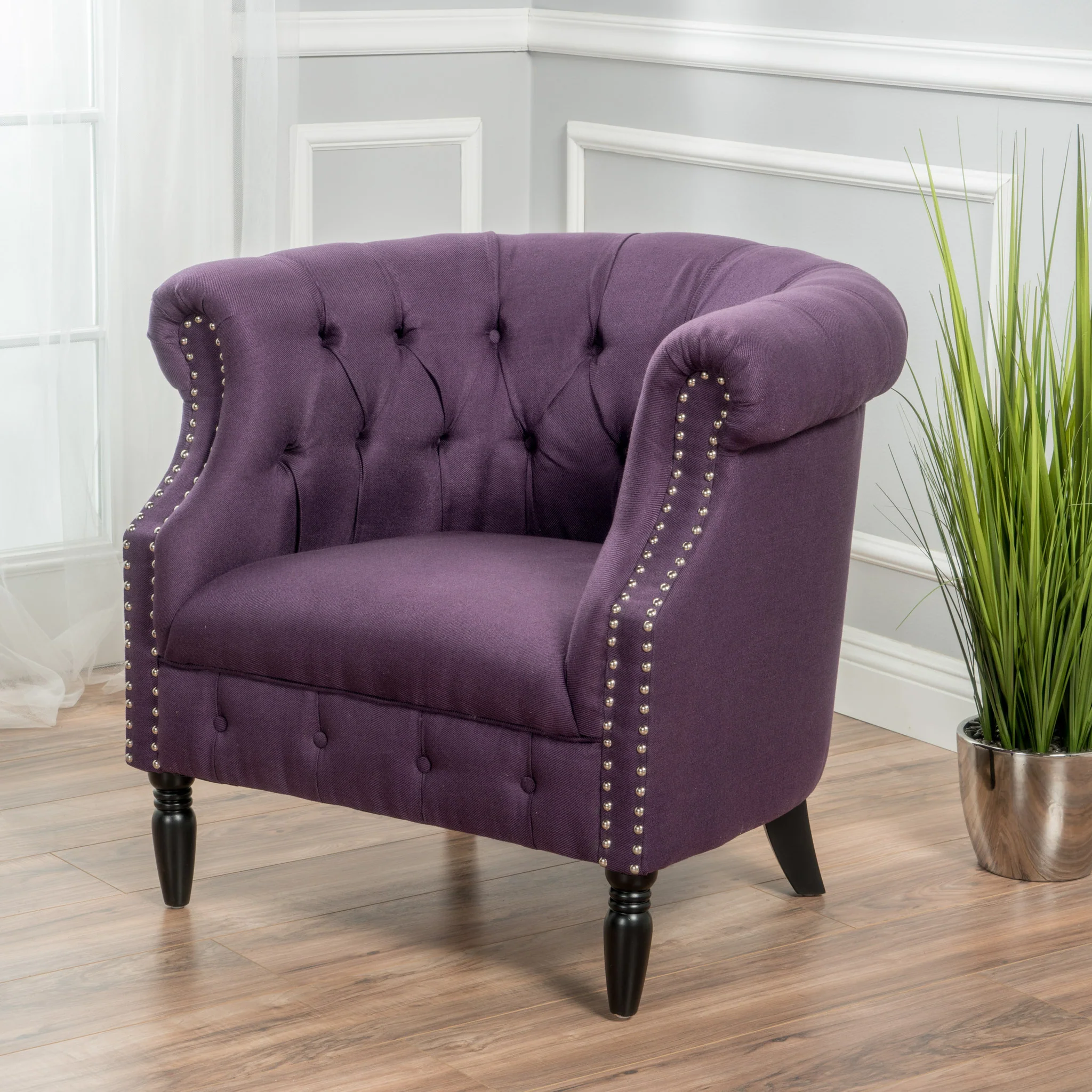Aries Rolled Back Button Tufted Fabric Tub Design Club Chair - furnishings