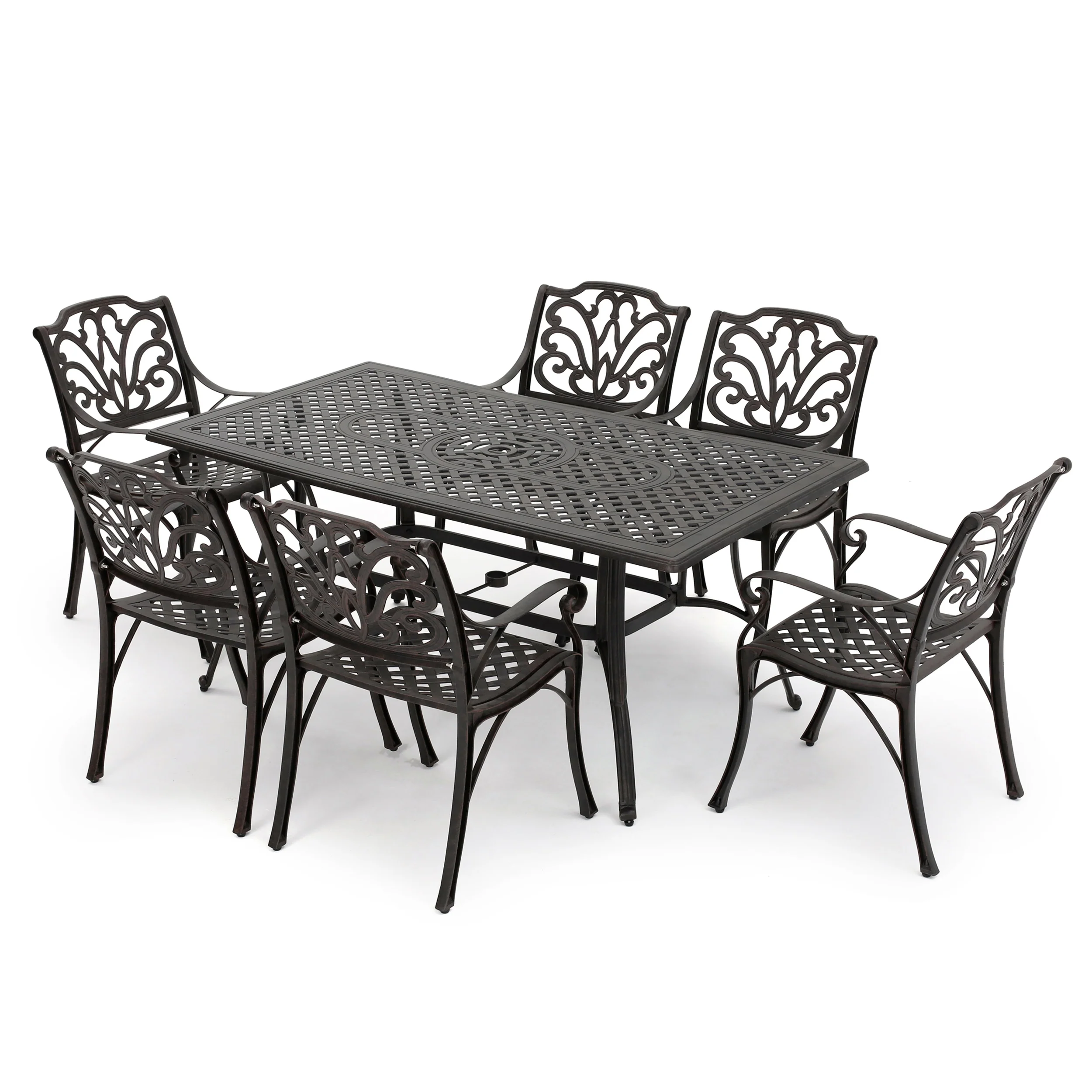 Fonzo Outdoor 7 Piece Bronze Cast Aluminum Rectangular Dining Set - furnishings