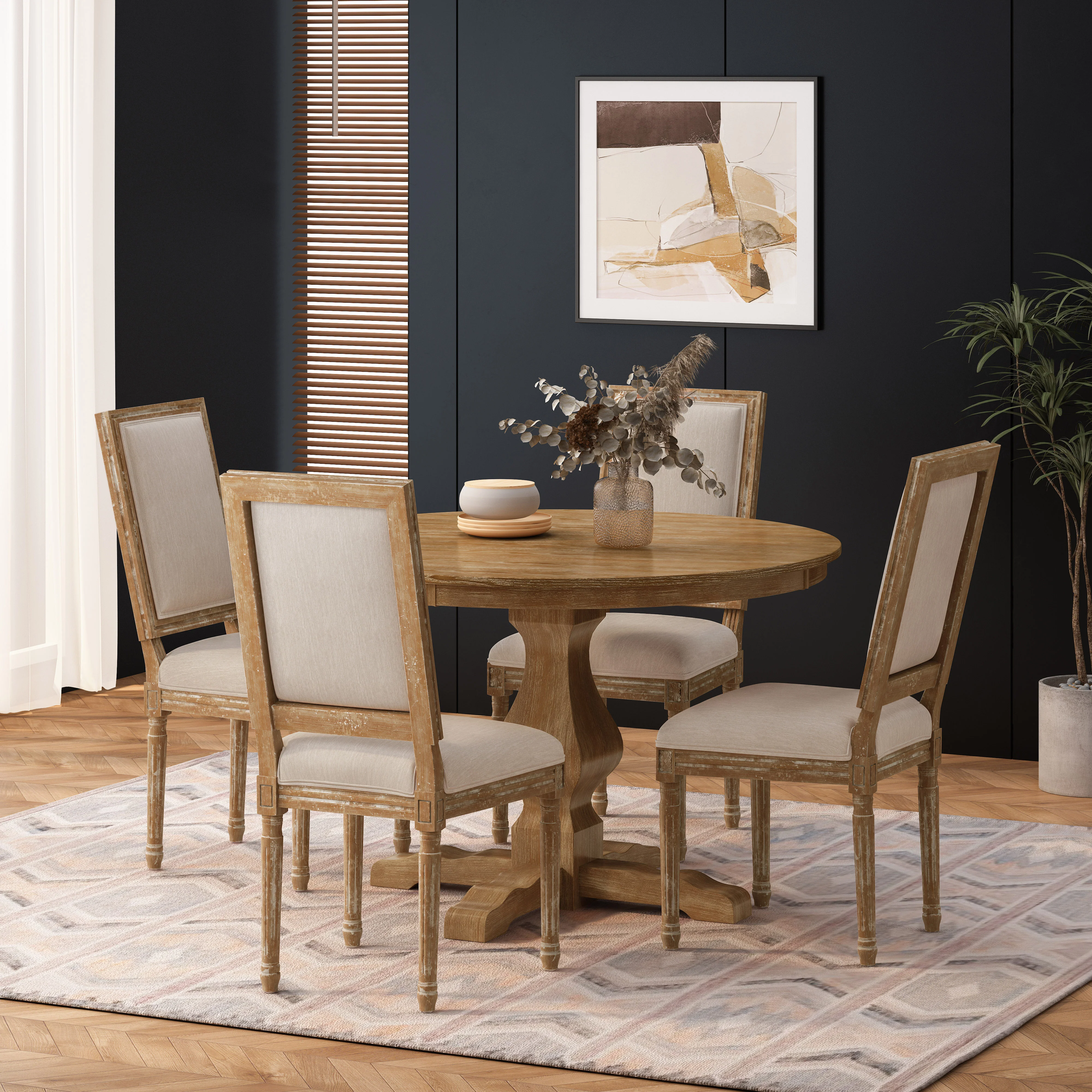 Merlene French Country Fabric Upholstered Wood 5 Piece Circular Dining Set - furnishings
