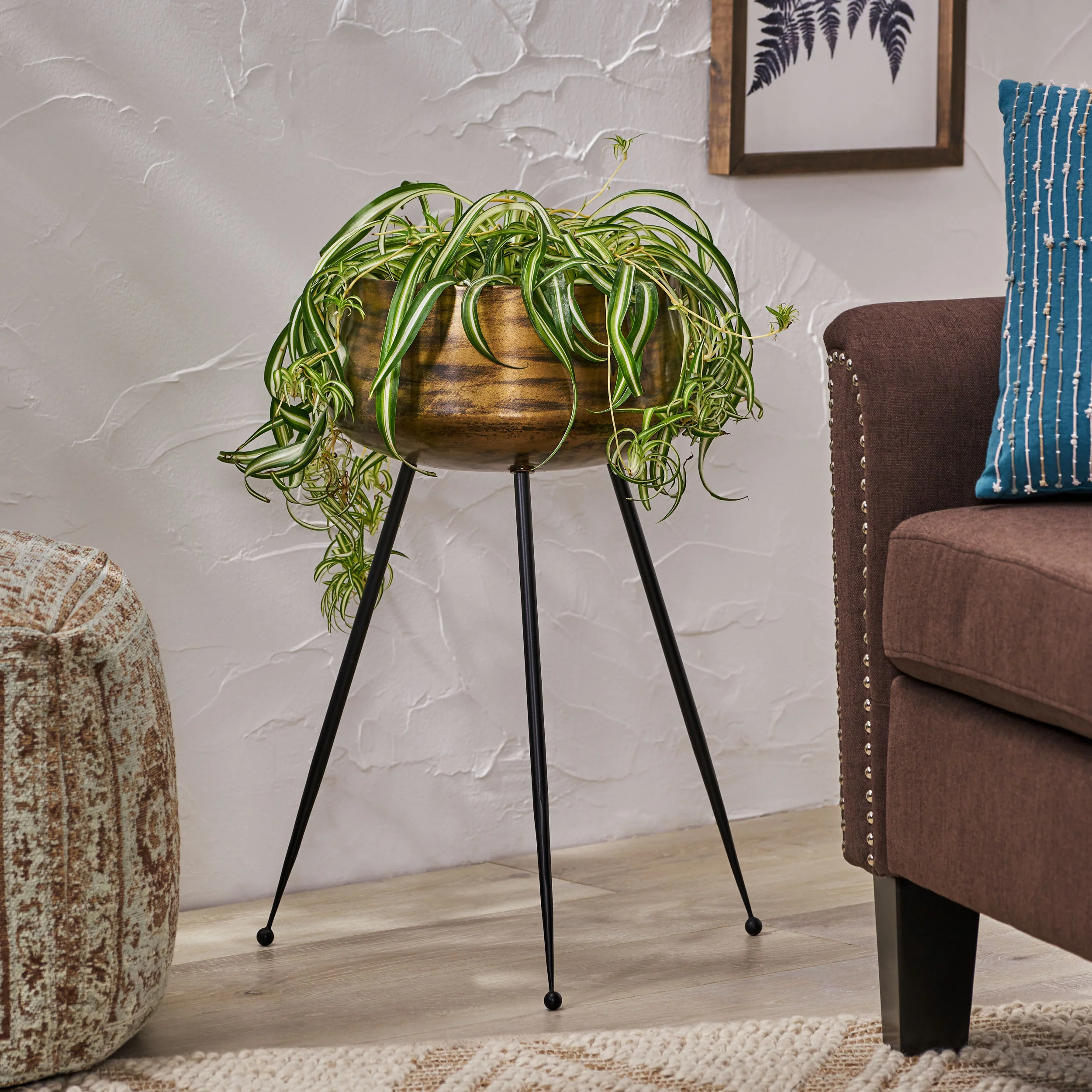 Dilan Boho Glam Handcrafted Tripod Planter, Antique Brass and Black - furnishings
