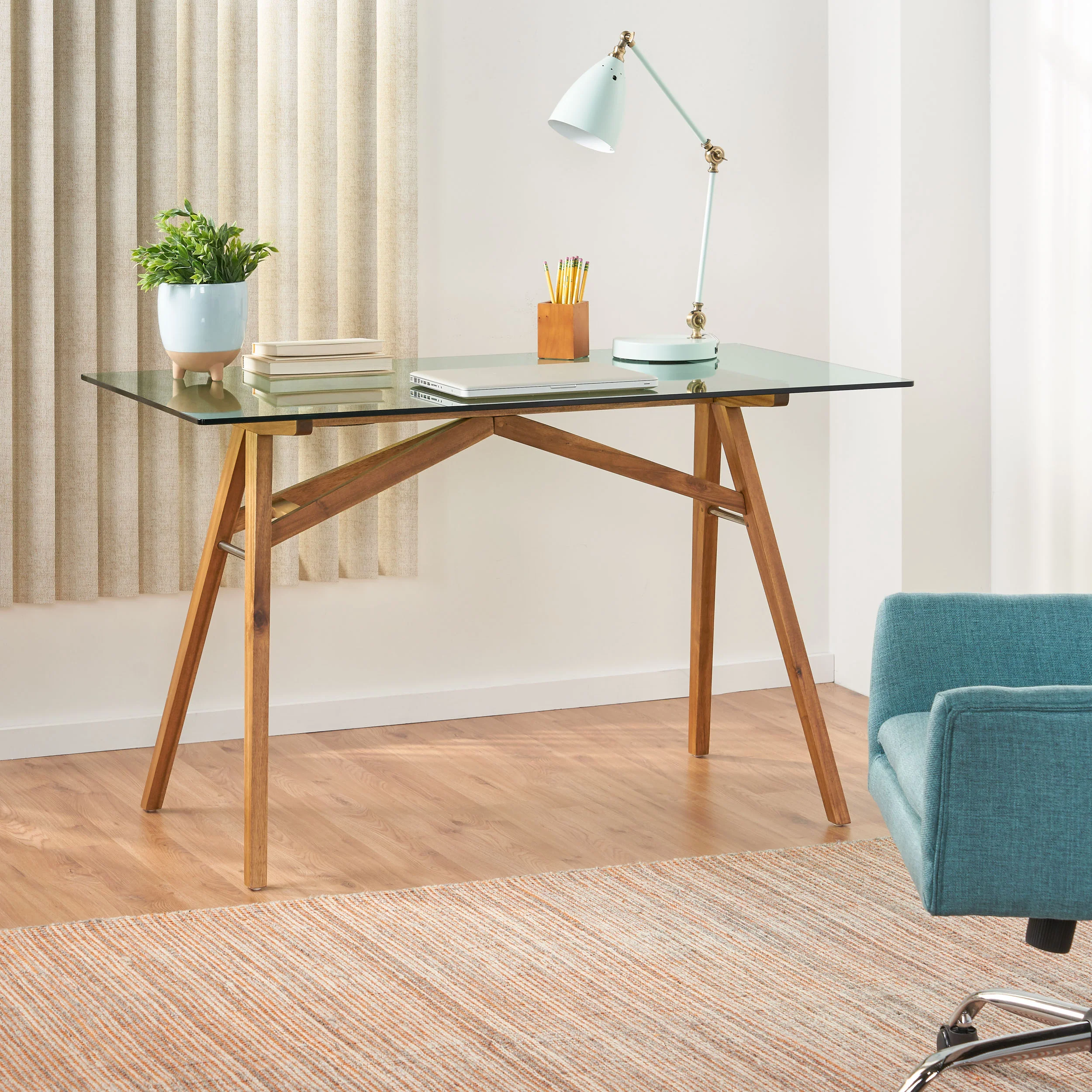 Camey Mid-Century Acacia Wood Desk with Tempered Glass Top - furnishings