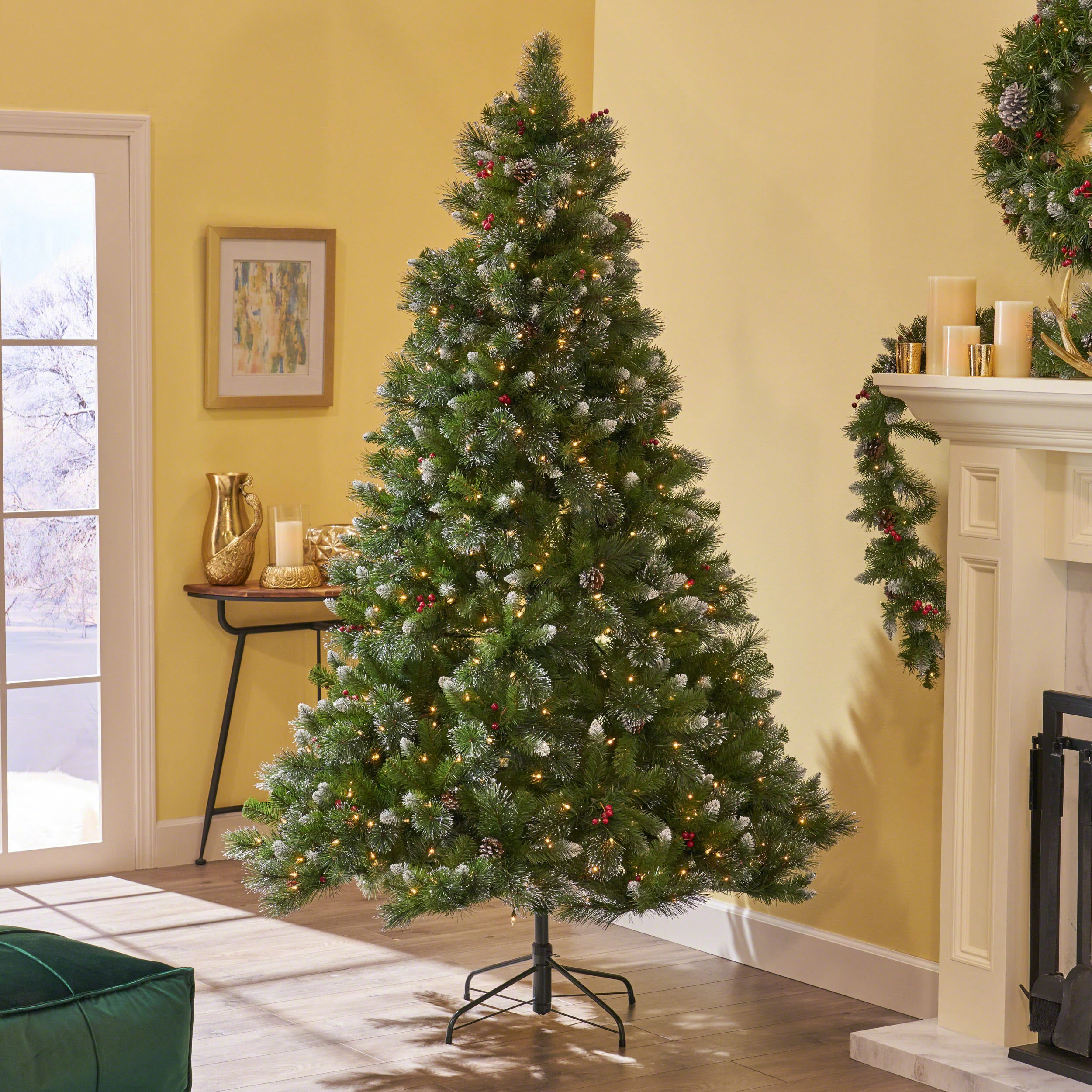 9-foot Mixed Spruce Hinged Artificial Christmas Tree with Glitter Branches, Red Berries, and Pinecones - furnishings