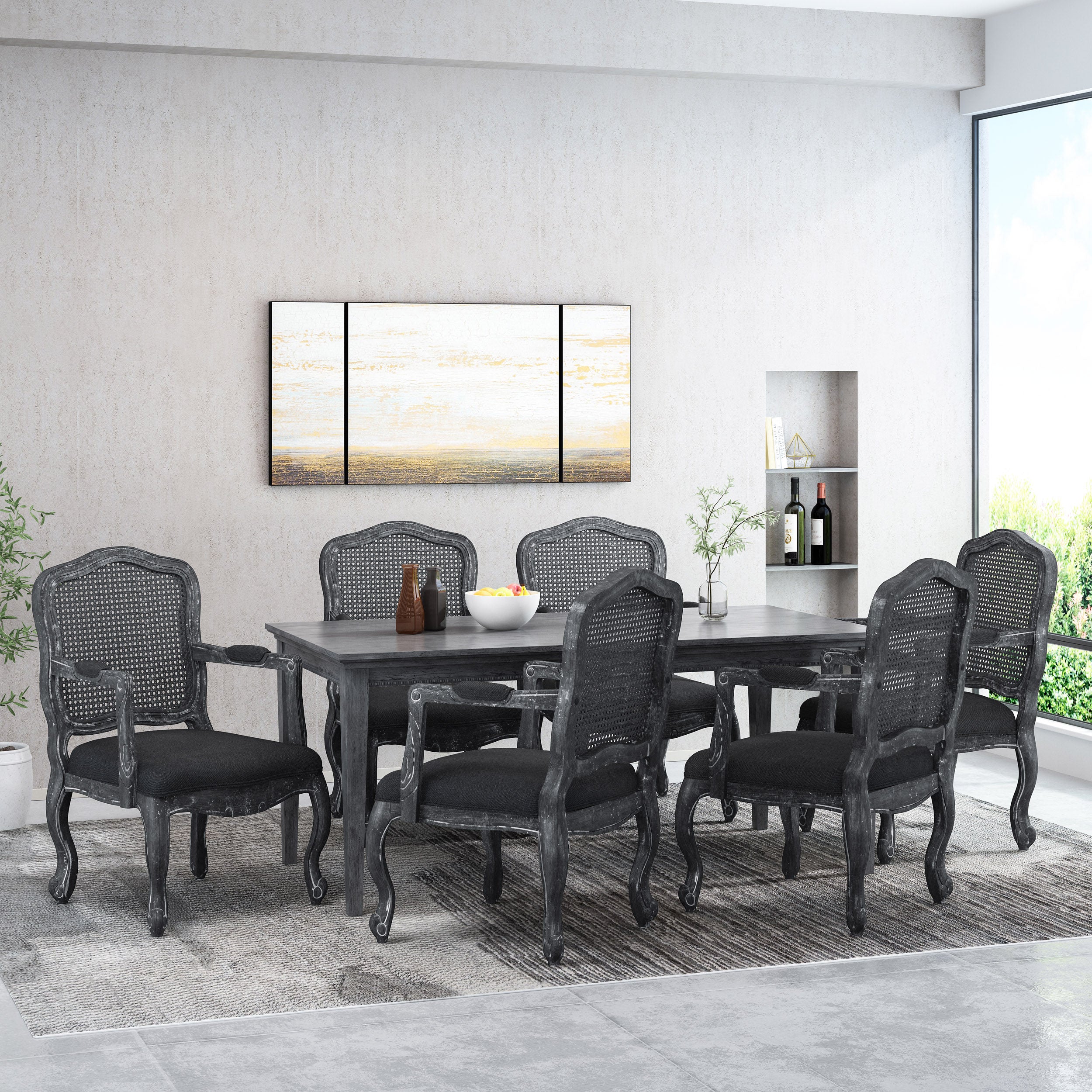 Biorn French Country Wood and Cane Upholstered Dining Armchair - furnishings