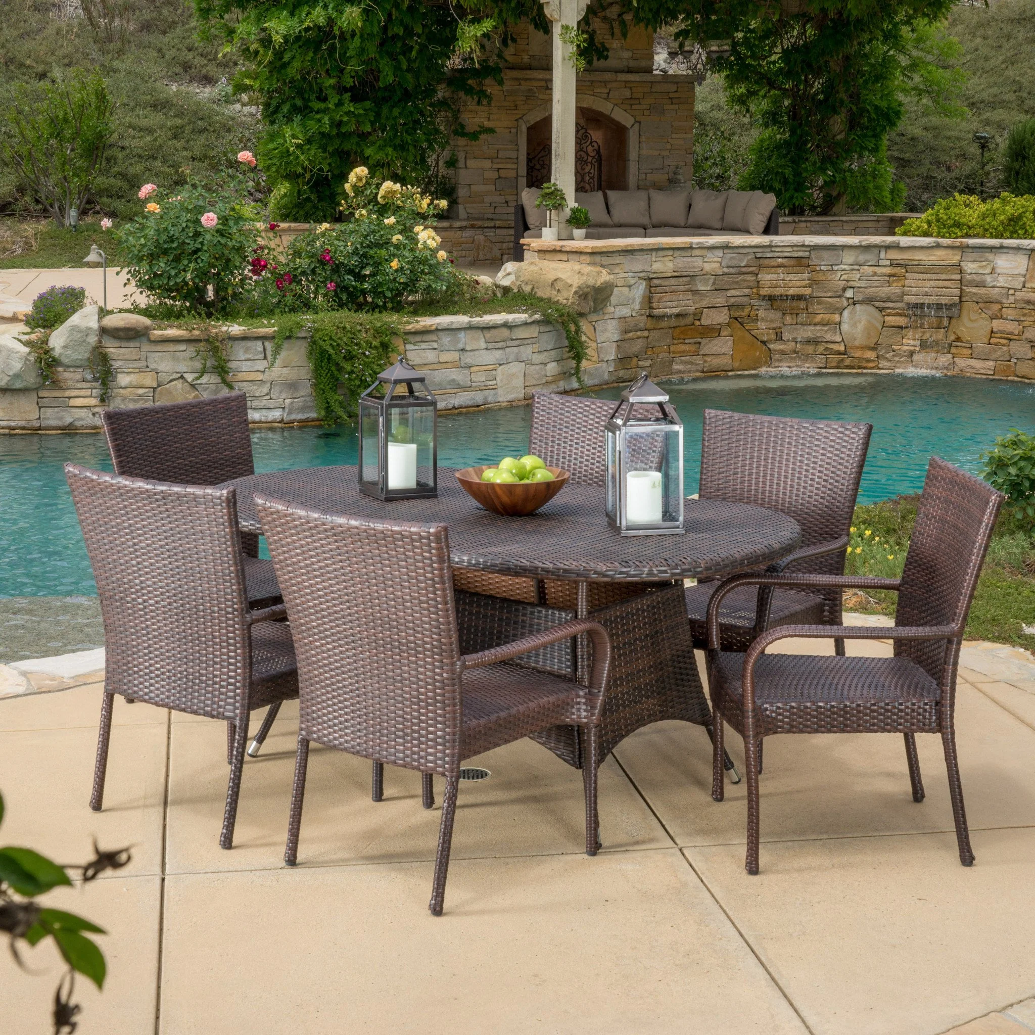 Kory Outdoor 7pc Multibrown Wicker Round Dining Set - furnishings