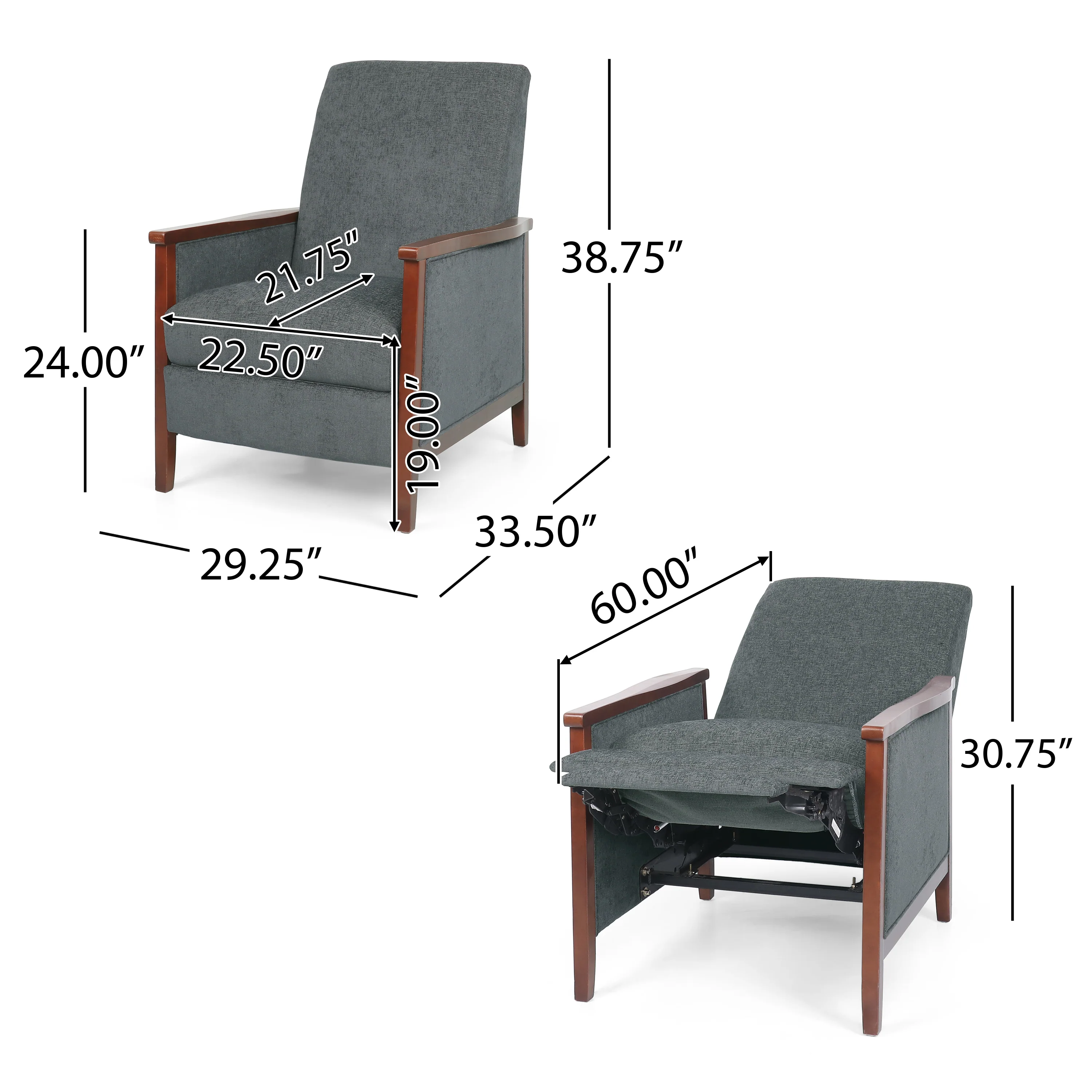 Ambleside Mid Century Modern Fabric Upholstered Wood Pushback Recliners, Set of 2 - furnishings