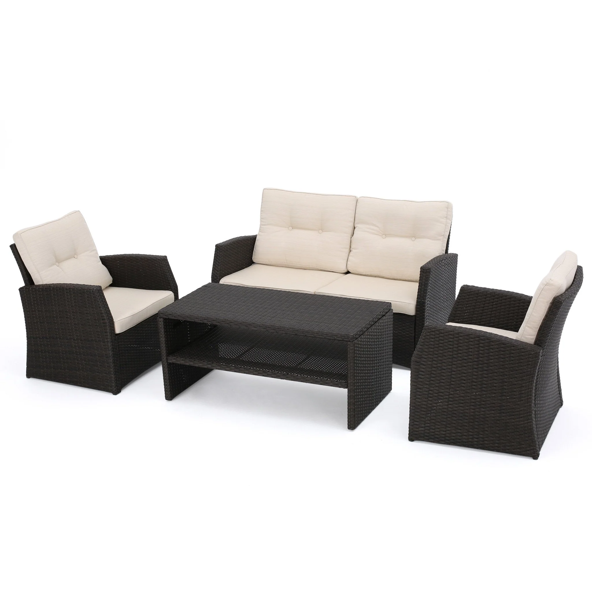 Del Norte Outdoor 4 Piece Dark Brown Wicker Chat Set with Beige Water Resistant Cushions - furnishings