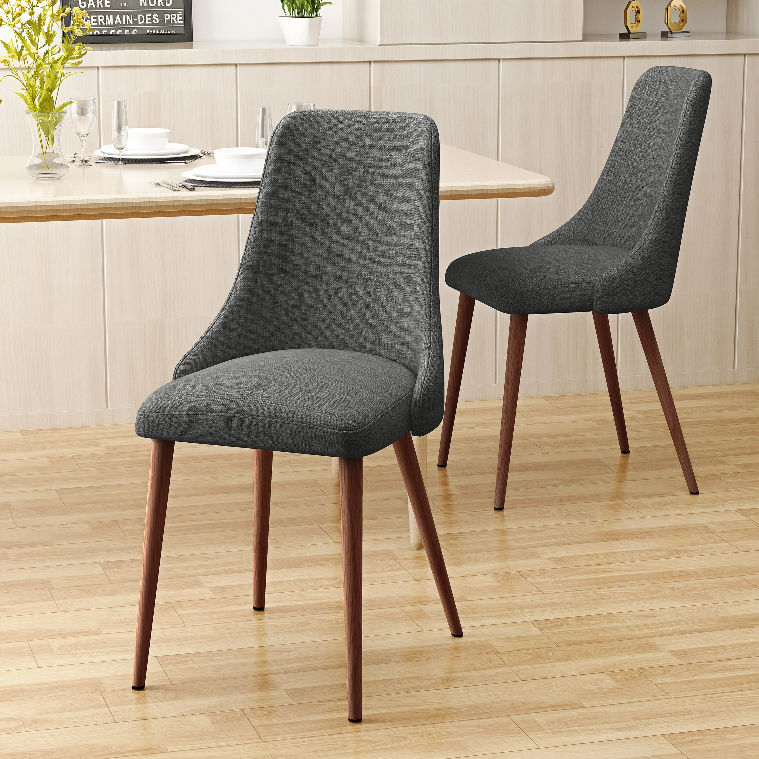 Soloman Mid Century Fabric Dining Chairs with Wood Finished Legs - Set of 2 - furnishings