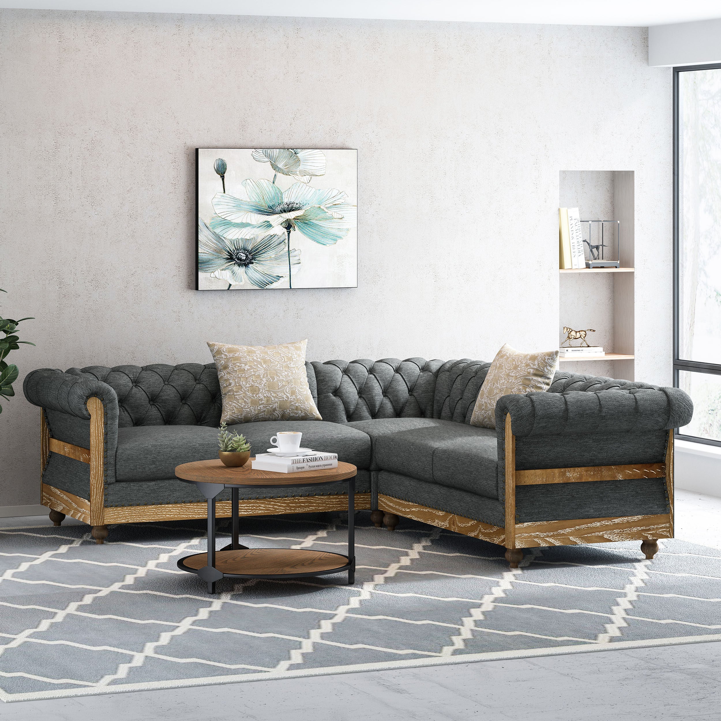Alejandro Chesterfield Tufted Fabric 5 Seater Sectional Sofa with Nailhead Trim - furnishings
