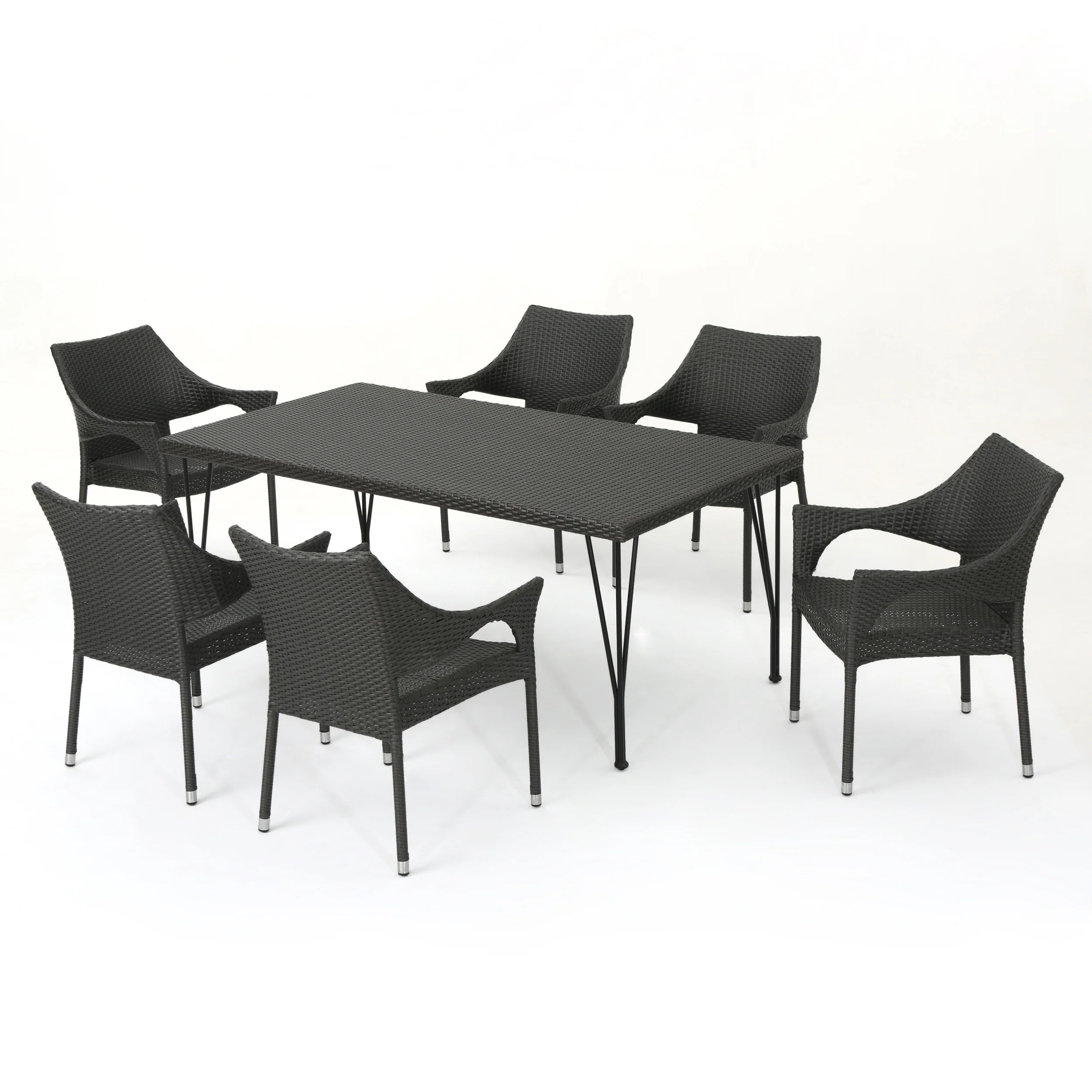 Durango Outdoor 7 Piece Gray Wicker Rectangular Dining Set with Stacking Chairs - furnishings
