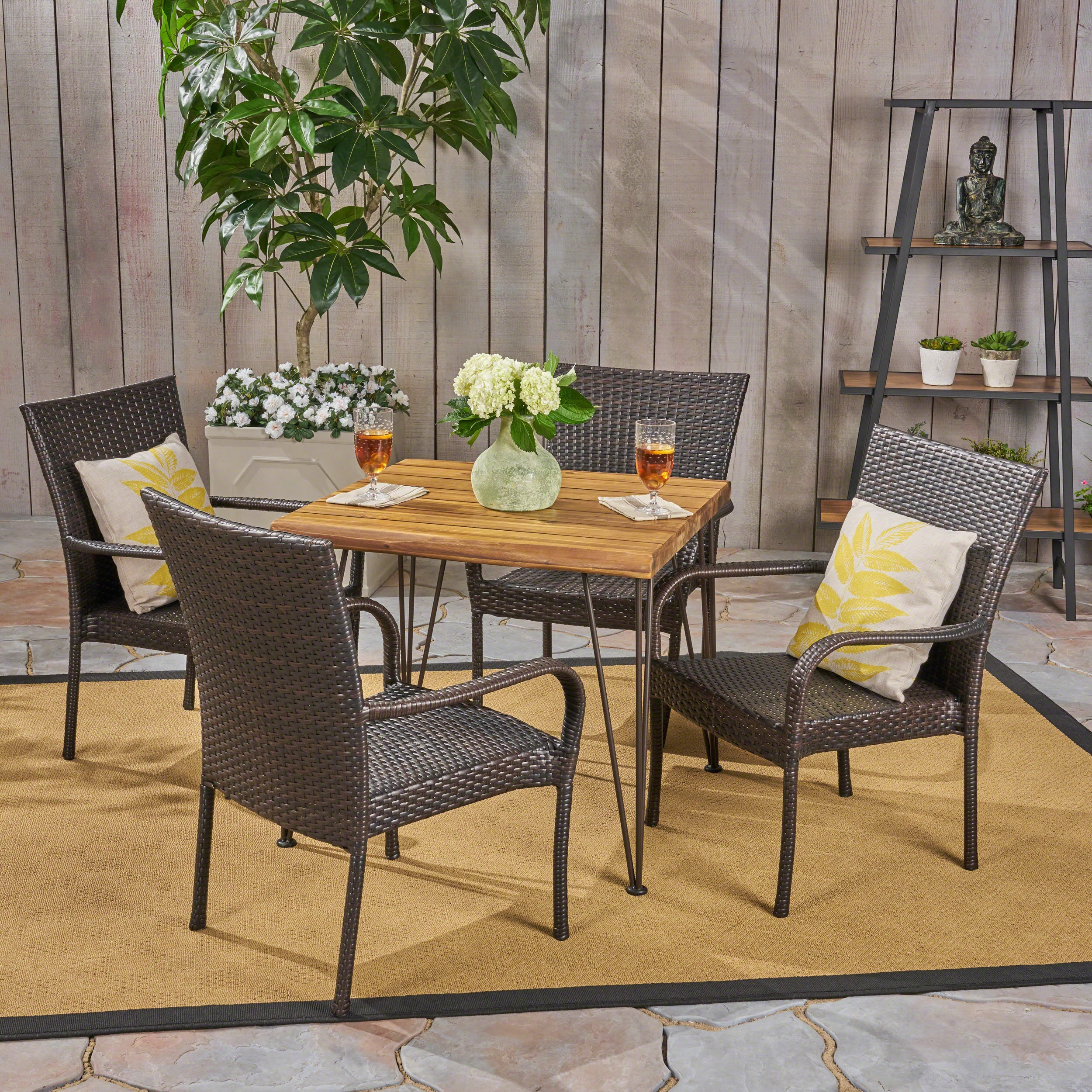 Rhys Outdoor Farmhouse Wood and Wicker 5 Piece Square Dining Set - furnishings