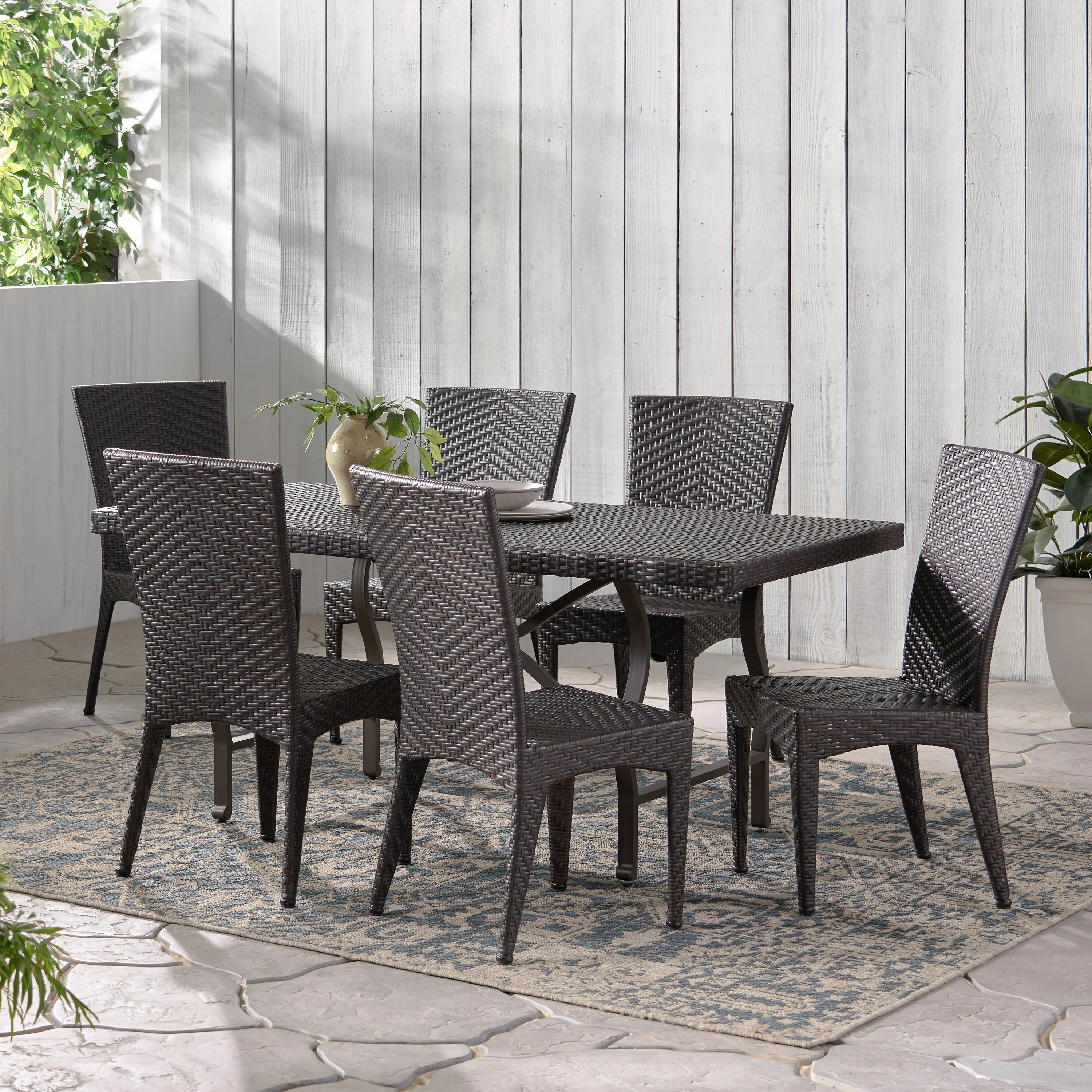 Dixie Outdoor Transitional 7-Piece Multi-Brown Wicker Dining Set - furnishings