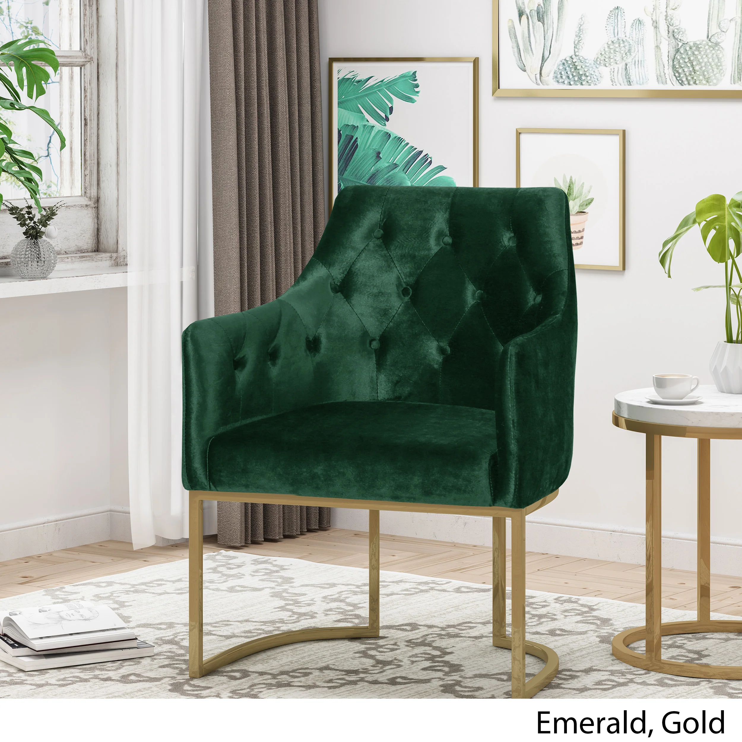 Fern Modern Tufted Glam Accent Chair with Velvet Cushions and U-Shaped Base - furnishings