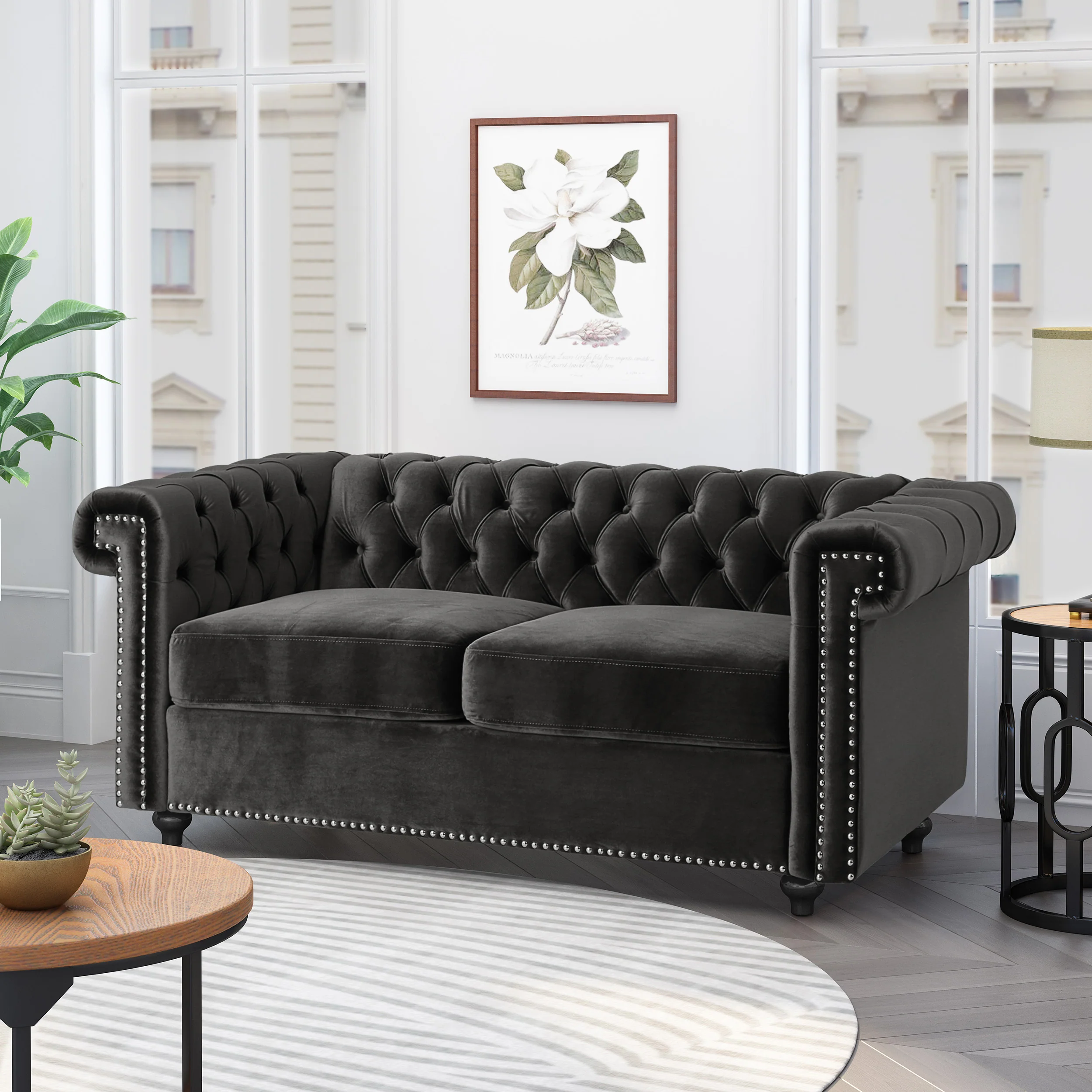 Timber Modern Glam Tufted Loveseat with Nailhead Trim - furnishings