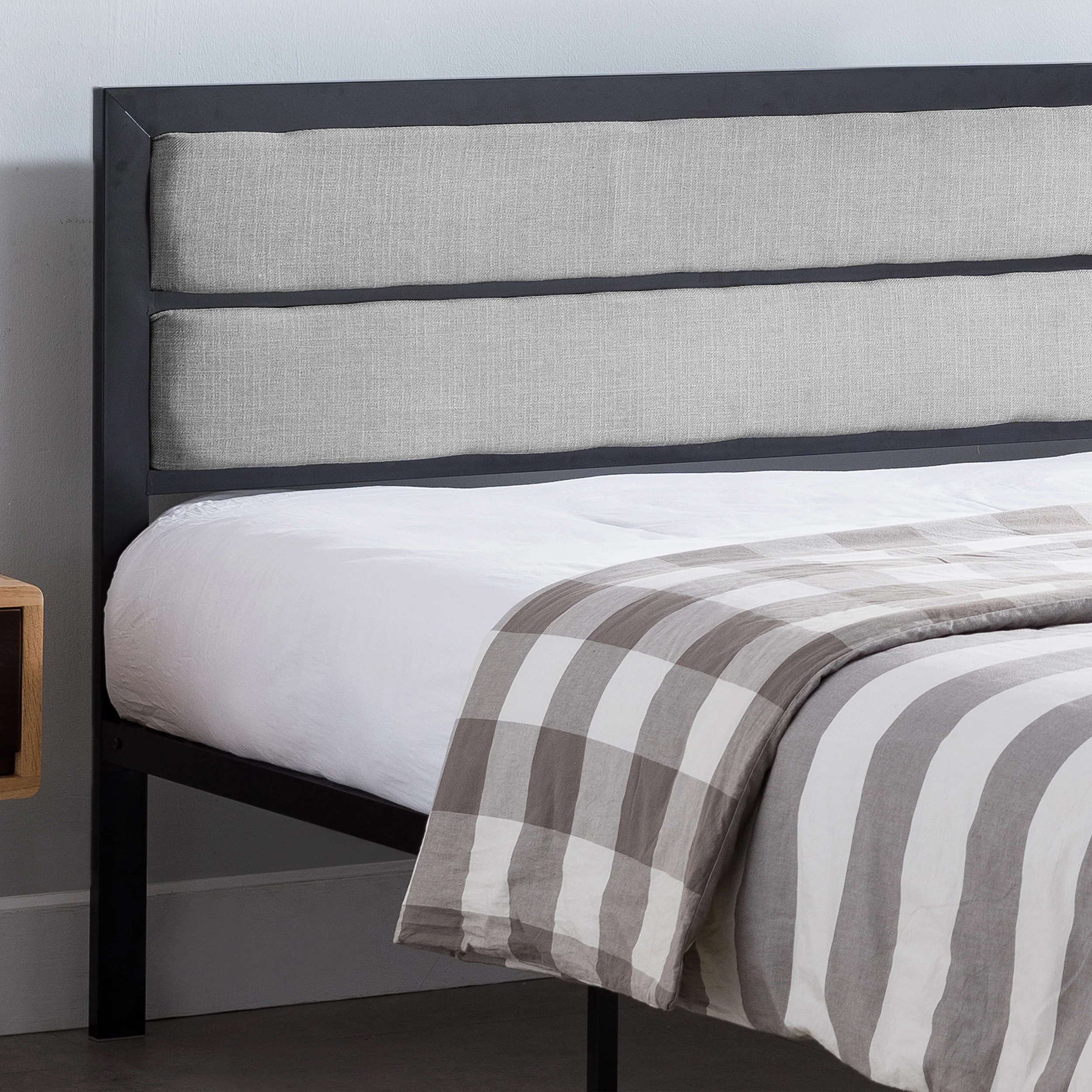 Kiran Minimalistic Modern Iron Queen Bed Frame with Fabric Upholstered Headboard - furnishings