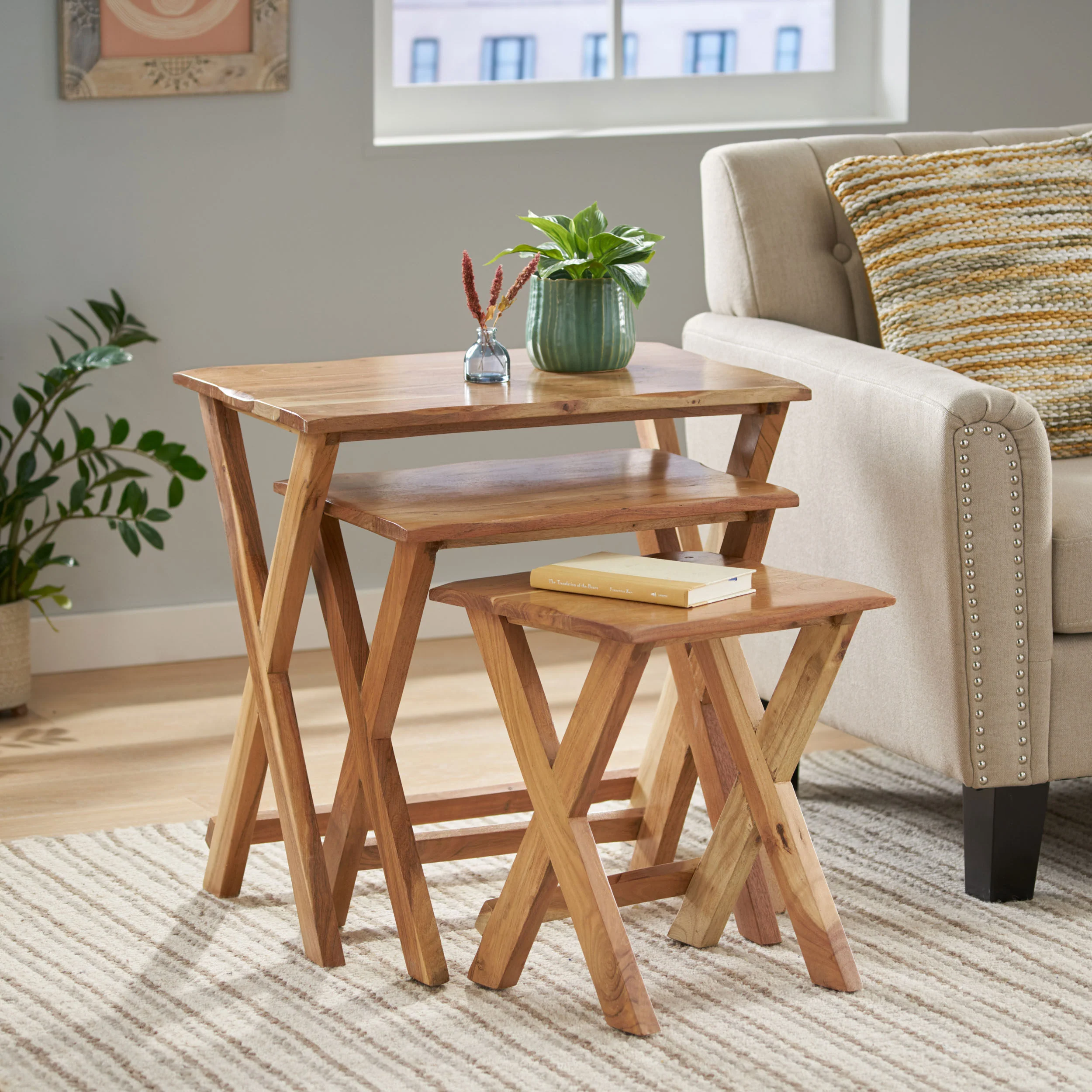 Henri Rustic Handcrafted Acacia Wood Nested Side Tables (Set of 3), Natural - furnishings