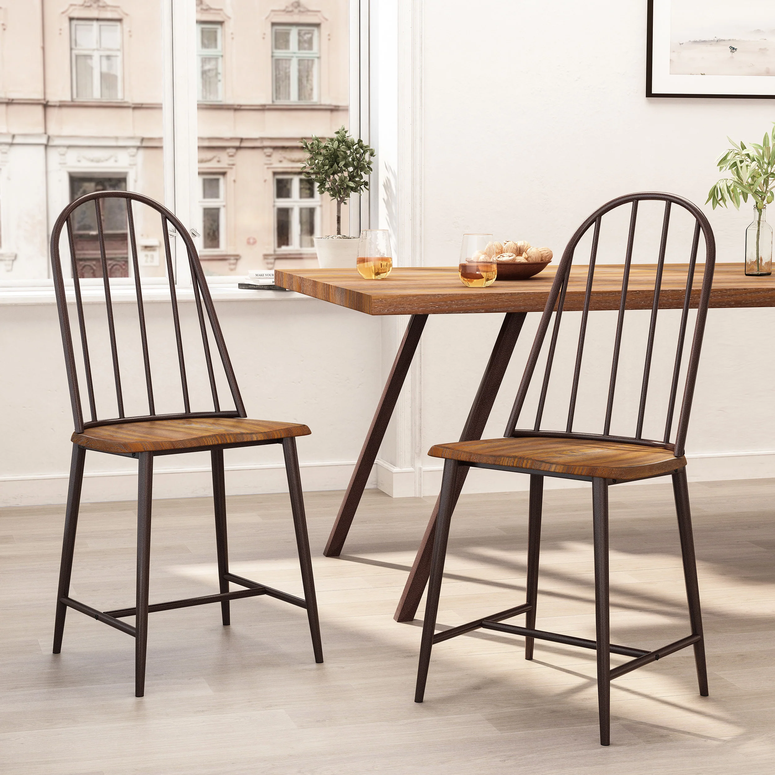 Conwell Farmhouse Spindle Back Dining Chairs, Set of 2, Dark Brown and Black - furnishings