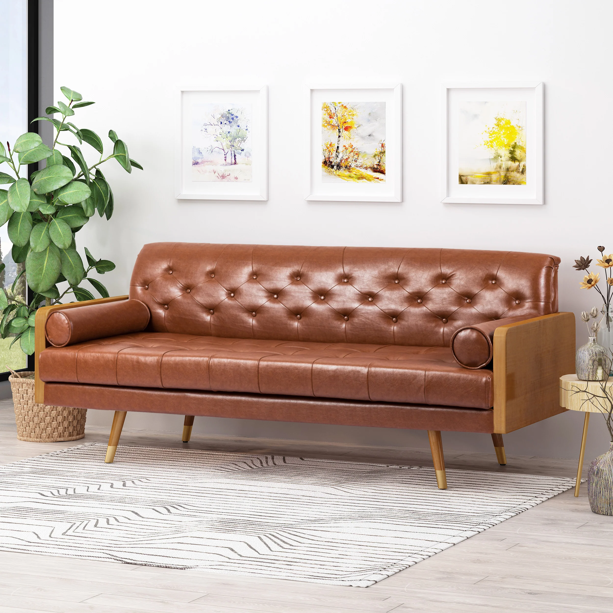 Nunzio Mid-Century Modern Tufted Sofa with Rolled Accent Pillows - furnishings