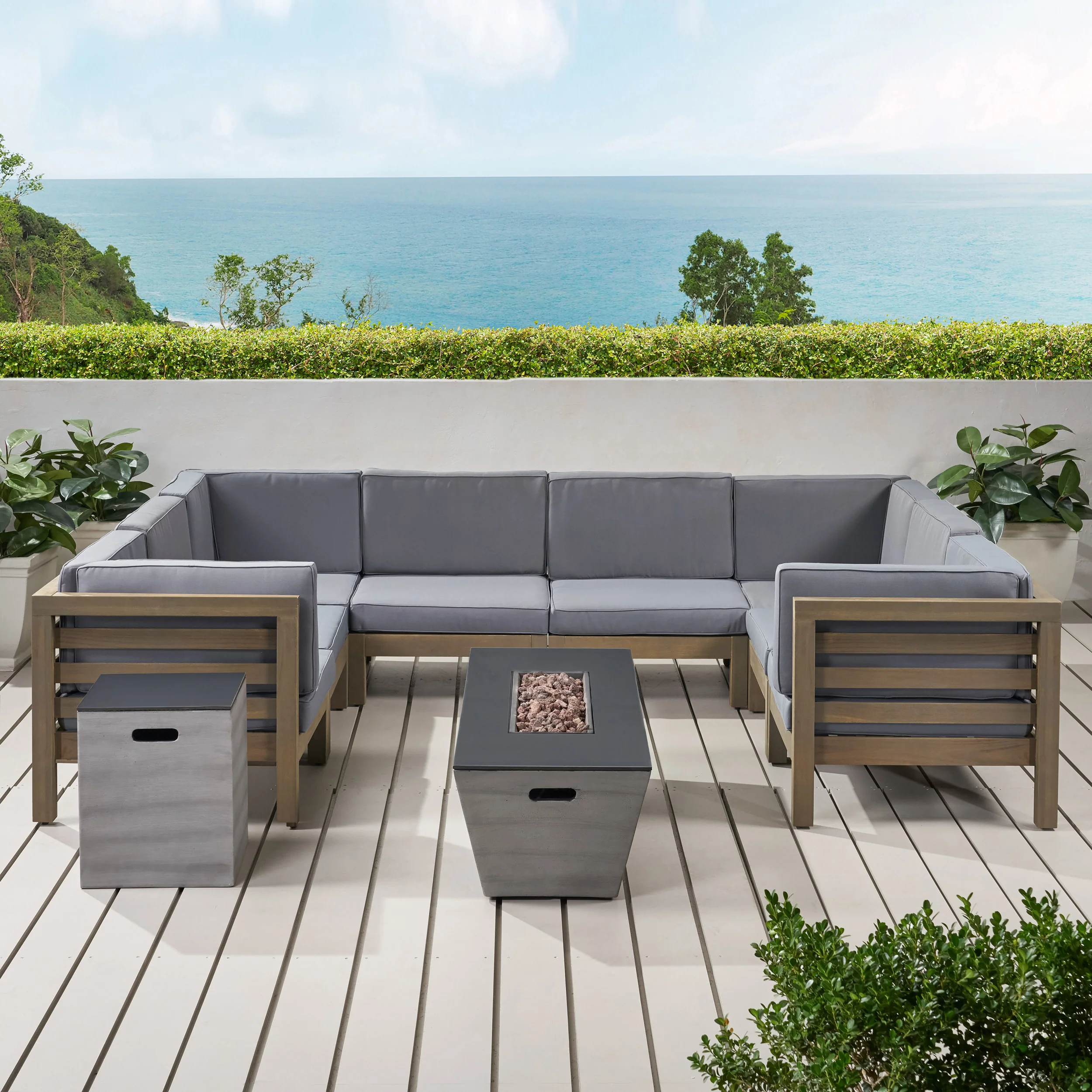 Kendry Outdoor Modern 8 Seater Acacia Wood Sectional Sofa Set with Fire Pit and Tank Holder - furnishings